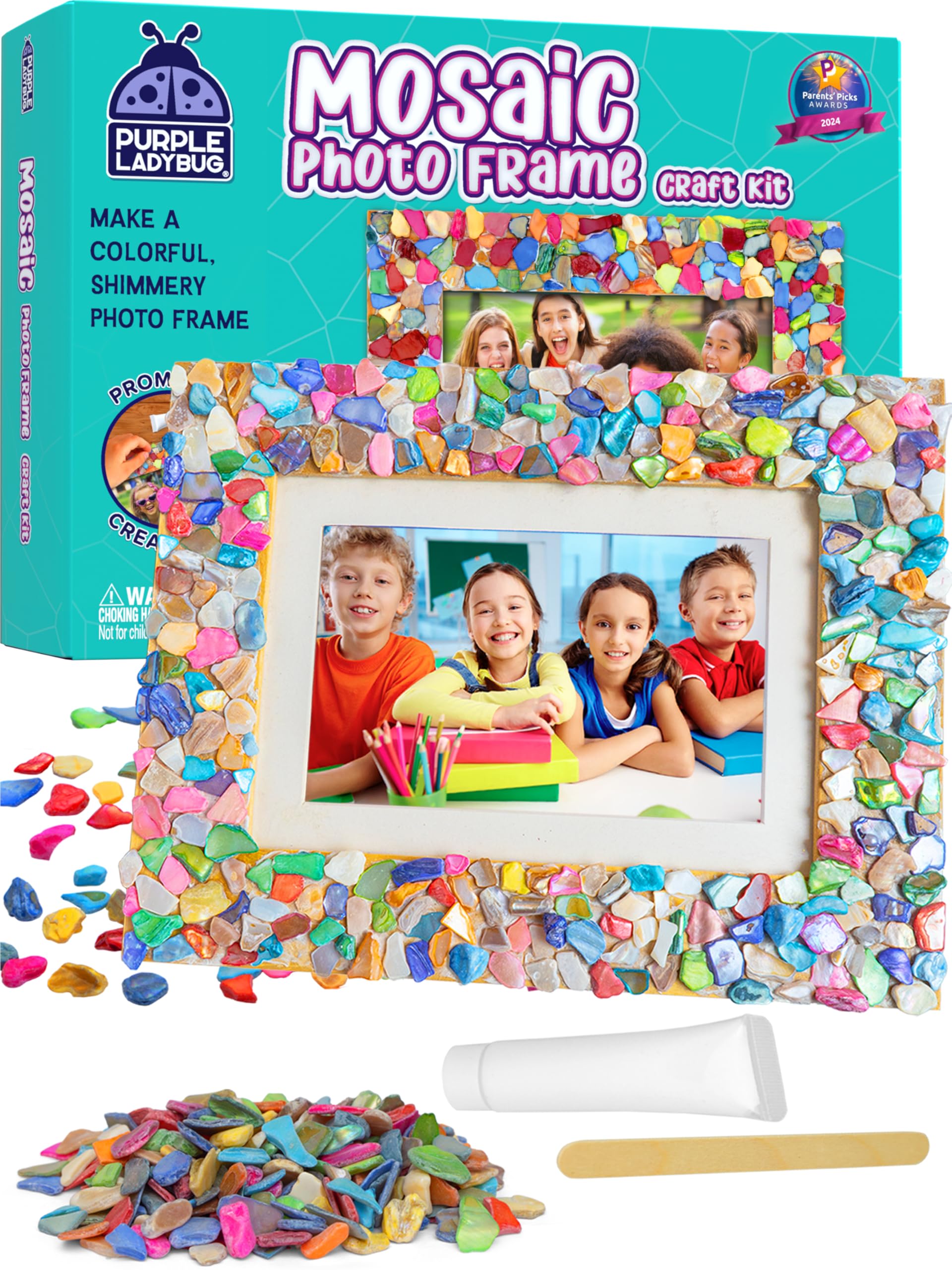 PURPLE LADYBUG Decorate Your Own Wooden Photo Frame Craft Kit for Kids with Colorful Mother of Pearl Shells - Great Birthday Gift for Girls, Fun DIY Summer Arts and Crafts Activity for Kids & Teens
