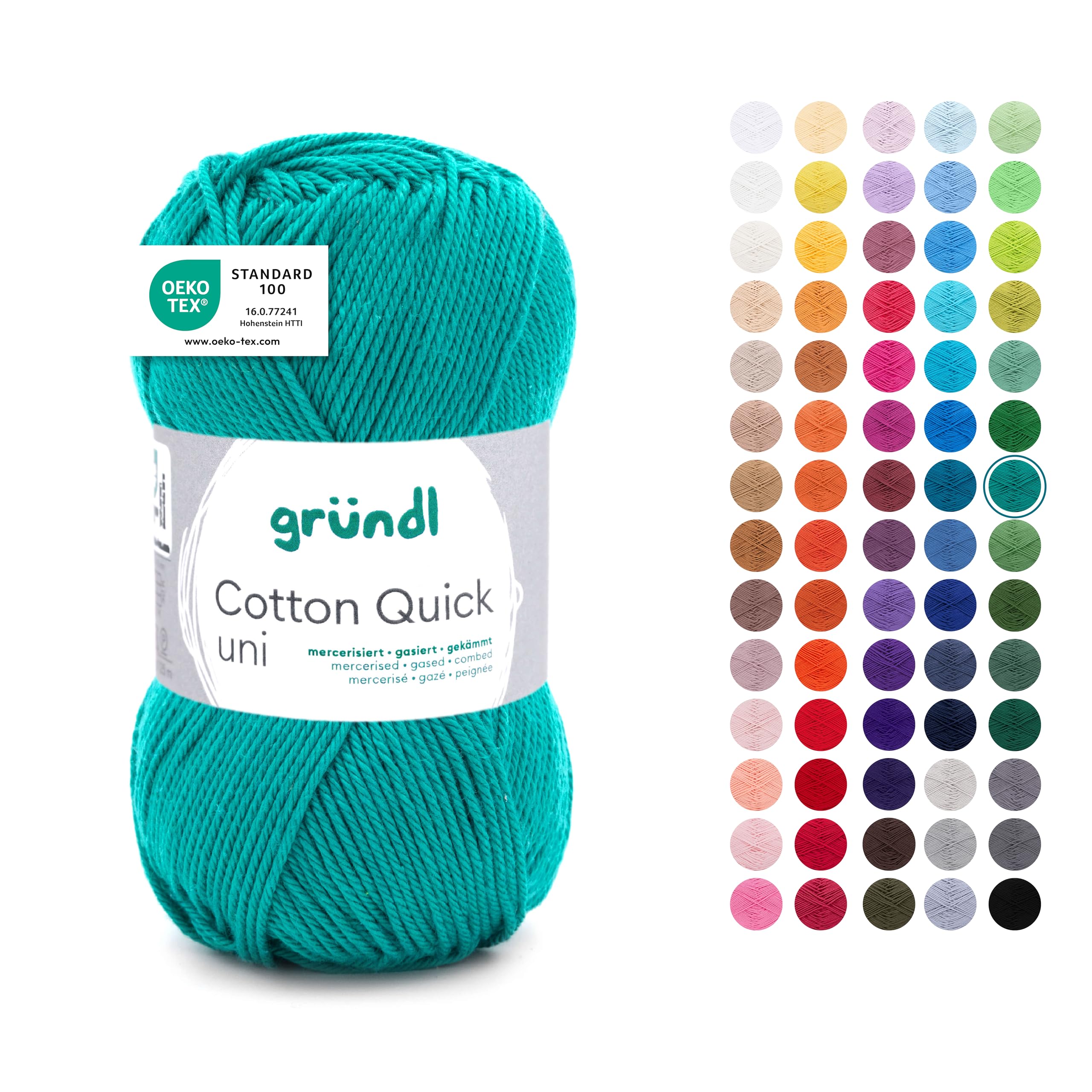Gründl Wolle Cotton Quick uni - dünne Wolle zum Häkeln - Strickgarn - Häkelgarn - Glänzend und hautfreundlich - 100% Baumwolle - 1 Knäuel 50 g / 125 m - Nadelstärke 3-4 - Smaragdgrün