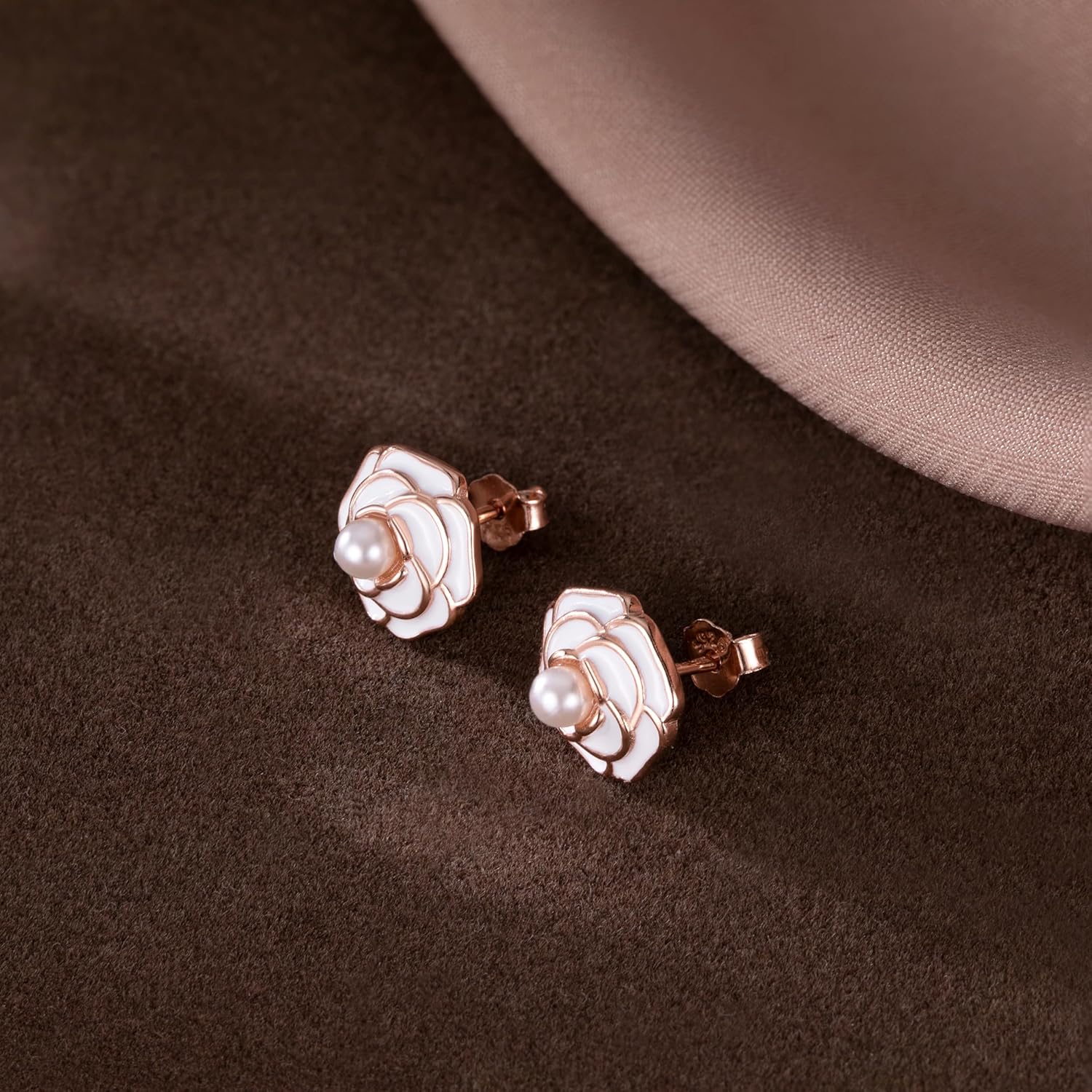 Reffeer Solid 925 Sterling Silver Camellia Flower Stud Earrings for Women Teen Girls Flower Stud Earrings Simulated Pearl Studs - Image 5