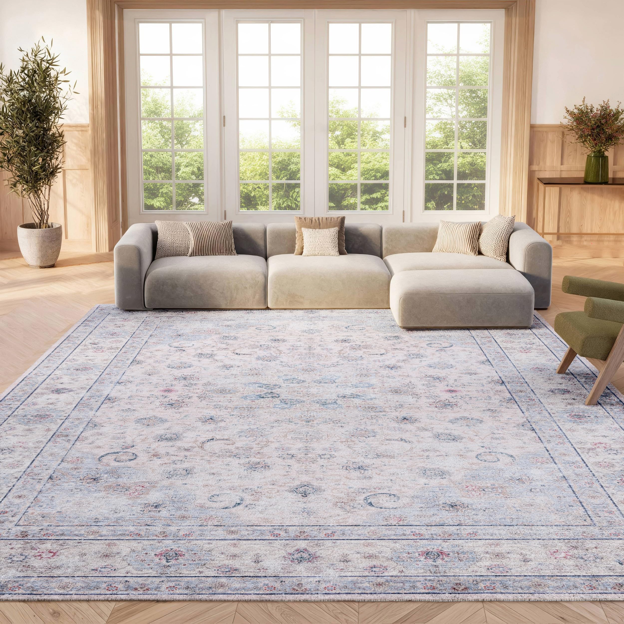 safavieh washable rug tucson collection - 10' x 14', beige & green, slip resistant & easy to clean, ideal for living room, bedroom, dining space (tsn165b)