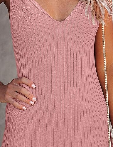 Vista 4 de MEROKEETY Vestido midi de punto con cuello en V para mujer, estilo casual, sin mangas, acanalado, para fiesta, vestido tipo suéter