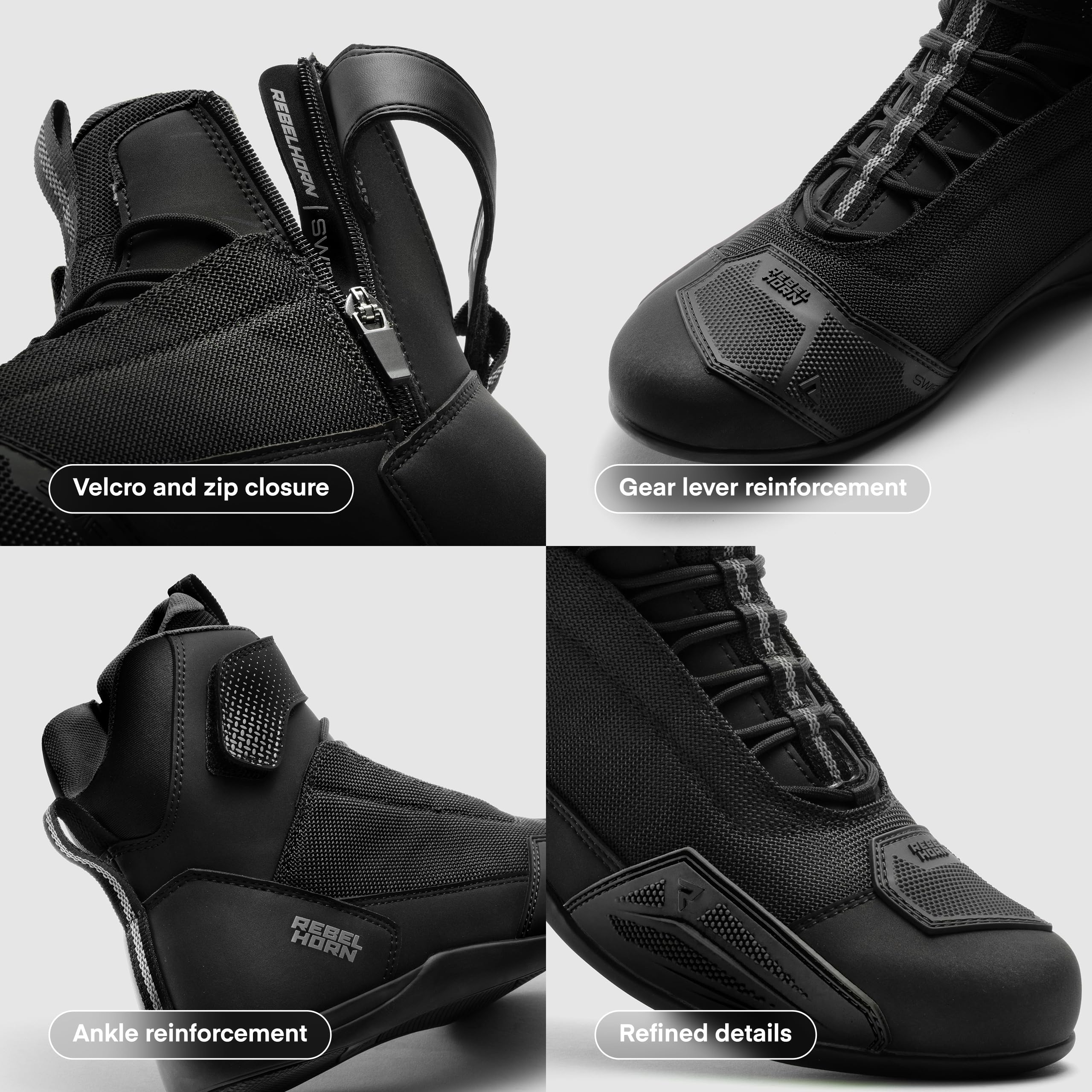 REBELHORN Swift Buty motocyklowe damskie i męskie | Skóra PU | Długi zamek błyskawiczny | Ochraniacze kostek | Wzmocnione palce | Siatkowe panele wentylacyjne | rozmiary do 48