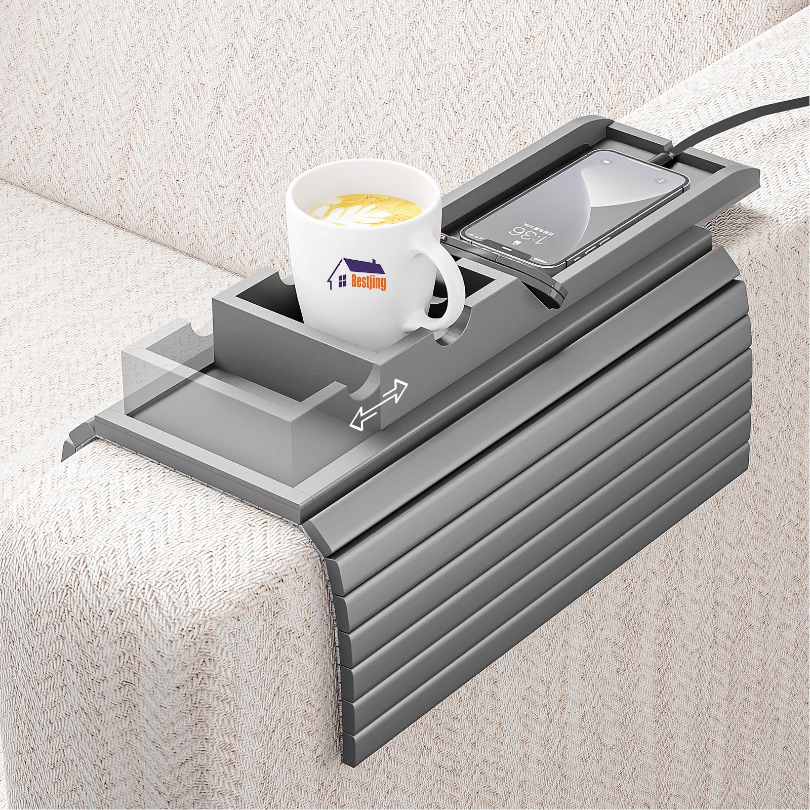 Bestjing Bamboo Couch Armrest Table, Sofa Arm Tray with Detachable Couch Cup Holder- 2 in 1 Anti-Slip Foldable Sofa Armchair Caddy Table for Drinks