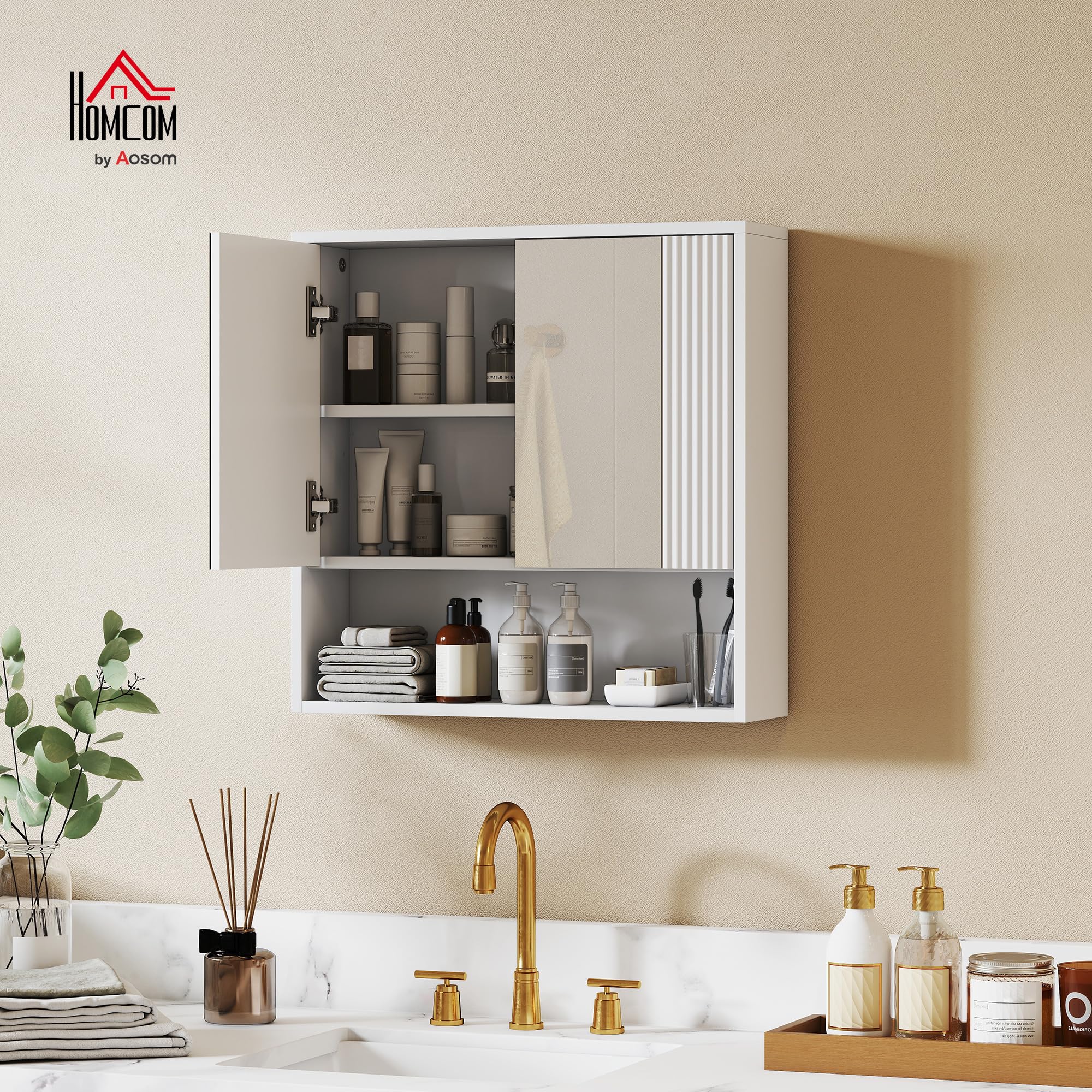 HOMCOM Mobile Bagno da Parete, Mobiletto Bagno Pensile Sospeso Moderno con Anta Soft Close, 2 Ante Specchiate, Scomparto Aperto, Ripiano Regolabile, per Soggiorno e Ingresso, Salvaspazio, Bianco