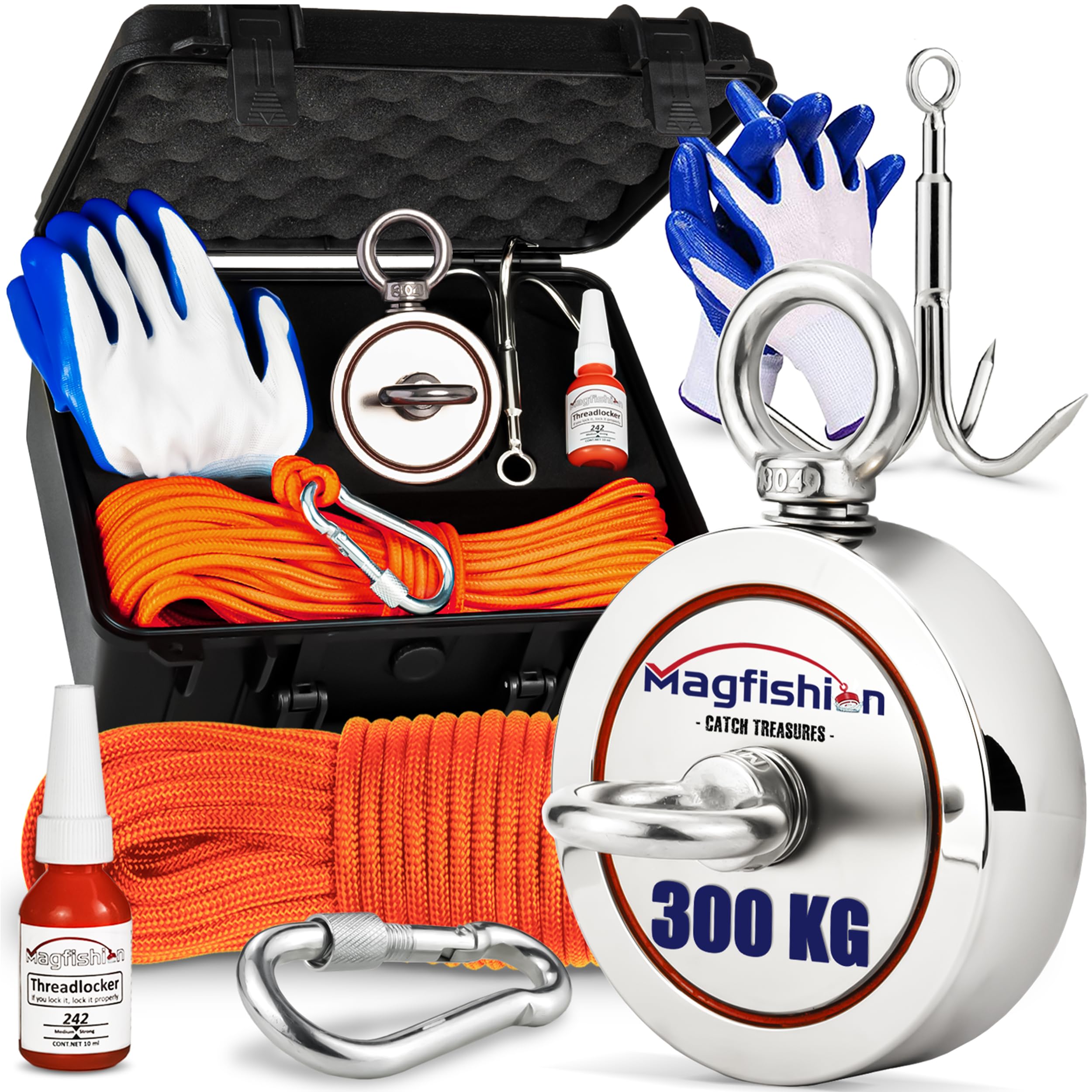 MAGFISHION Dwustronny Zestaw do Magnetycznego Wędkarstwa - Siła Przyciągania 300KG (2x 150kg) - Ø60mm - Magnes Neodymowy - Z Ciemnopomarańczową Liną (20M) & Rękawice - Magnes Ryba