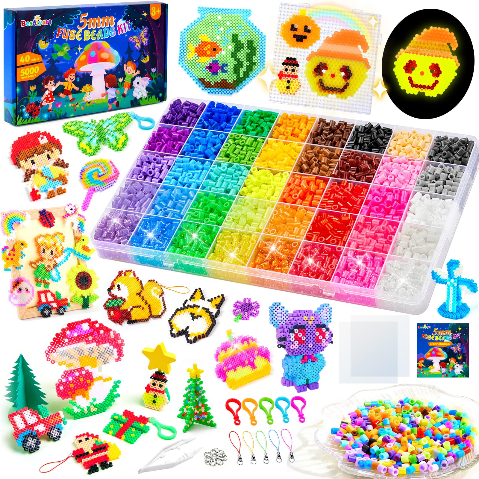 Bügelperlen Set, 5000 Stück 5mm Perlen mit 40 Farben, inkl. Leuchtende Bügelperlen & Glitzerperlen, Platten, Kreativset Bastelset für für Kinder ab 3 Jahren