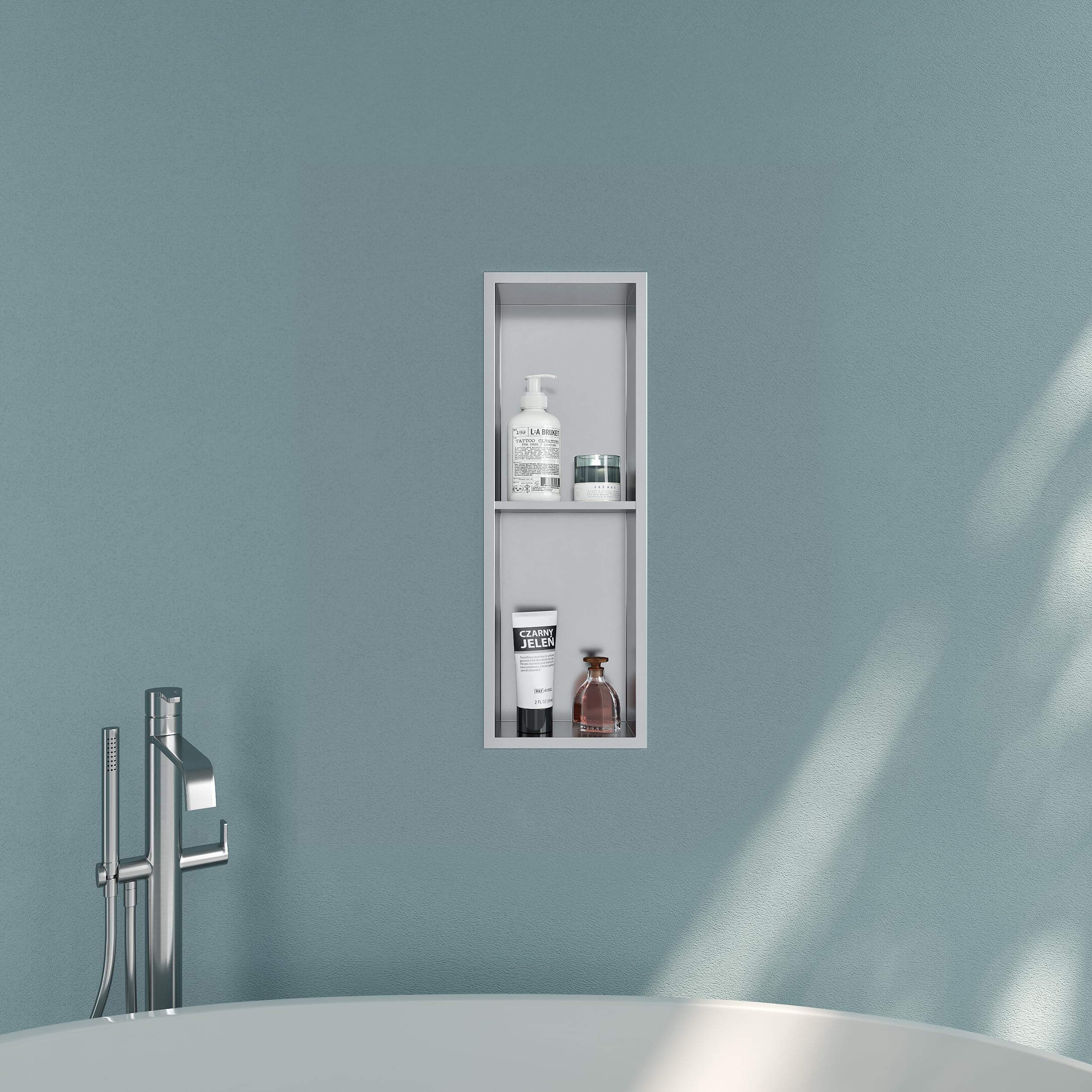 Qeke Recessed Shower Niche of Stainless Steel, Waterproof Embed Wall Niche, Built-in Shower Caddy NO Tile Required, Double Layers, 20X60CM, Brushed Nickel