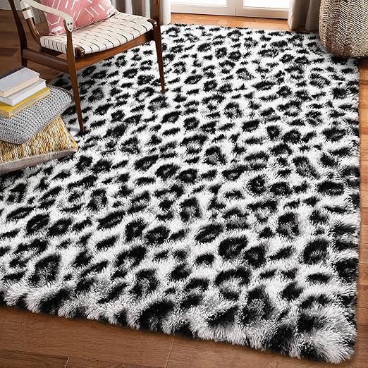 Amearea Fluffy Leopard Print Rug, Modern Shag Cheetah Rugs Home Decor