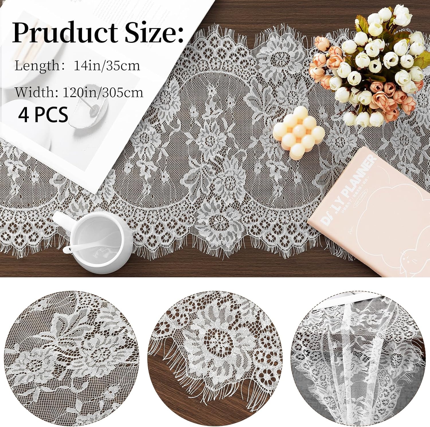 4PCS Lace Table Cloth, 14 x 120 Inch White Lace Table Runner for Wedding Decor, White Lace Table Runner for Wedding Party Tea Party Decorations Vintage Rustic Table Runners
