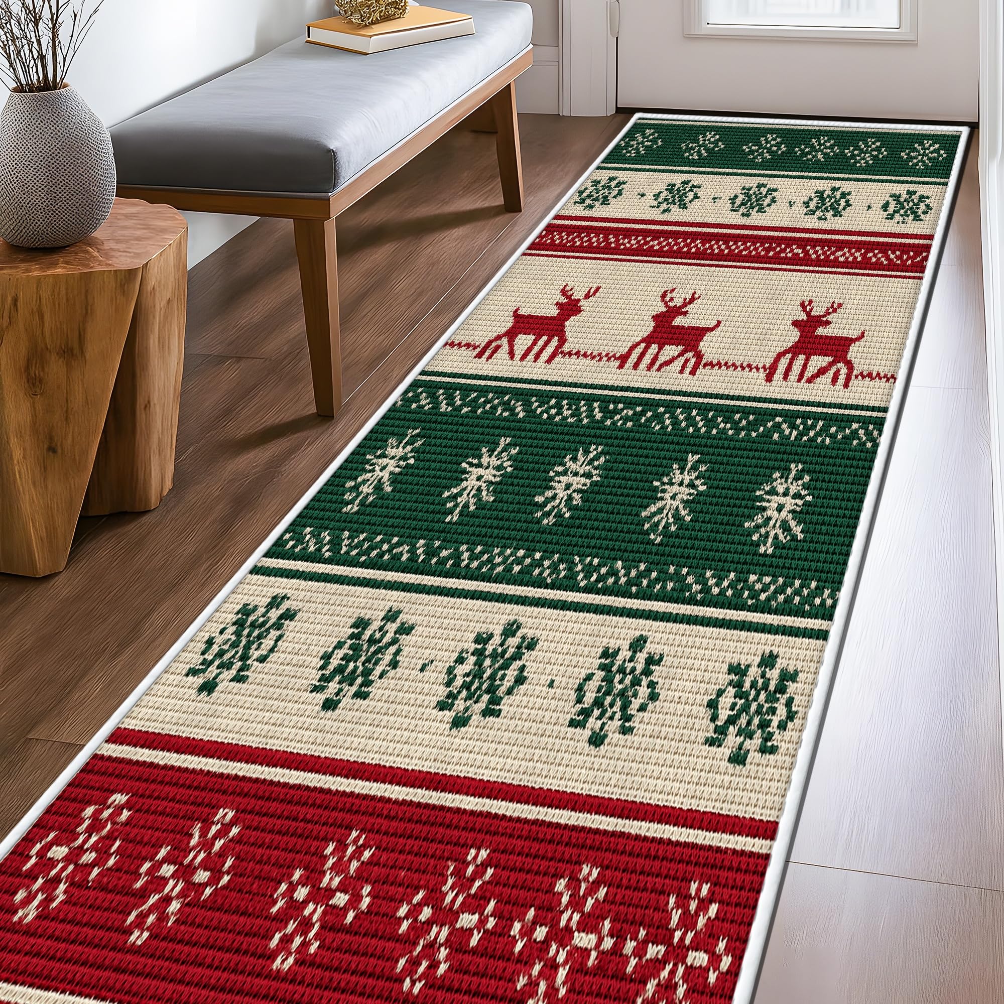 Tapis de couloir de Noël vert flocon et sapin pour sublimer votre entrée festive