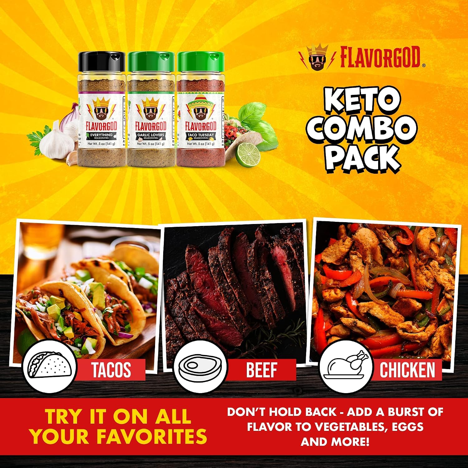 Keto Spice Set, Combo Pack of 3 ( Everything, Garlic Lovers & Taco Tuesday) Herb, Spice and Seasoning Gift Set - Premium All Natural & Healthy Spice Blend - Chicken, Beef, Seafood, Salad, Vegetable Seasoning - BBQ & Steak Rub by Flavor God
