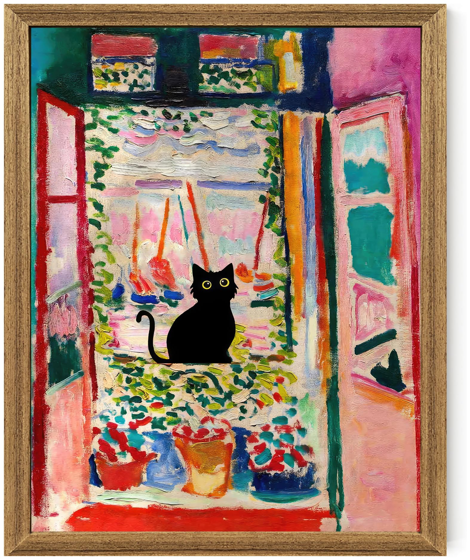 Fantasy Artists Henri Matisse Cat Wall Art, Framed Open Window Black Cat Canvas Poster Prints, Abstract Aesthetic Wall Decors for Living Room, Oil Paintings for Room Bathroom Decorations 8" X 10"