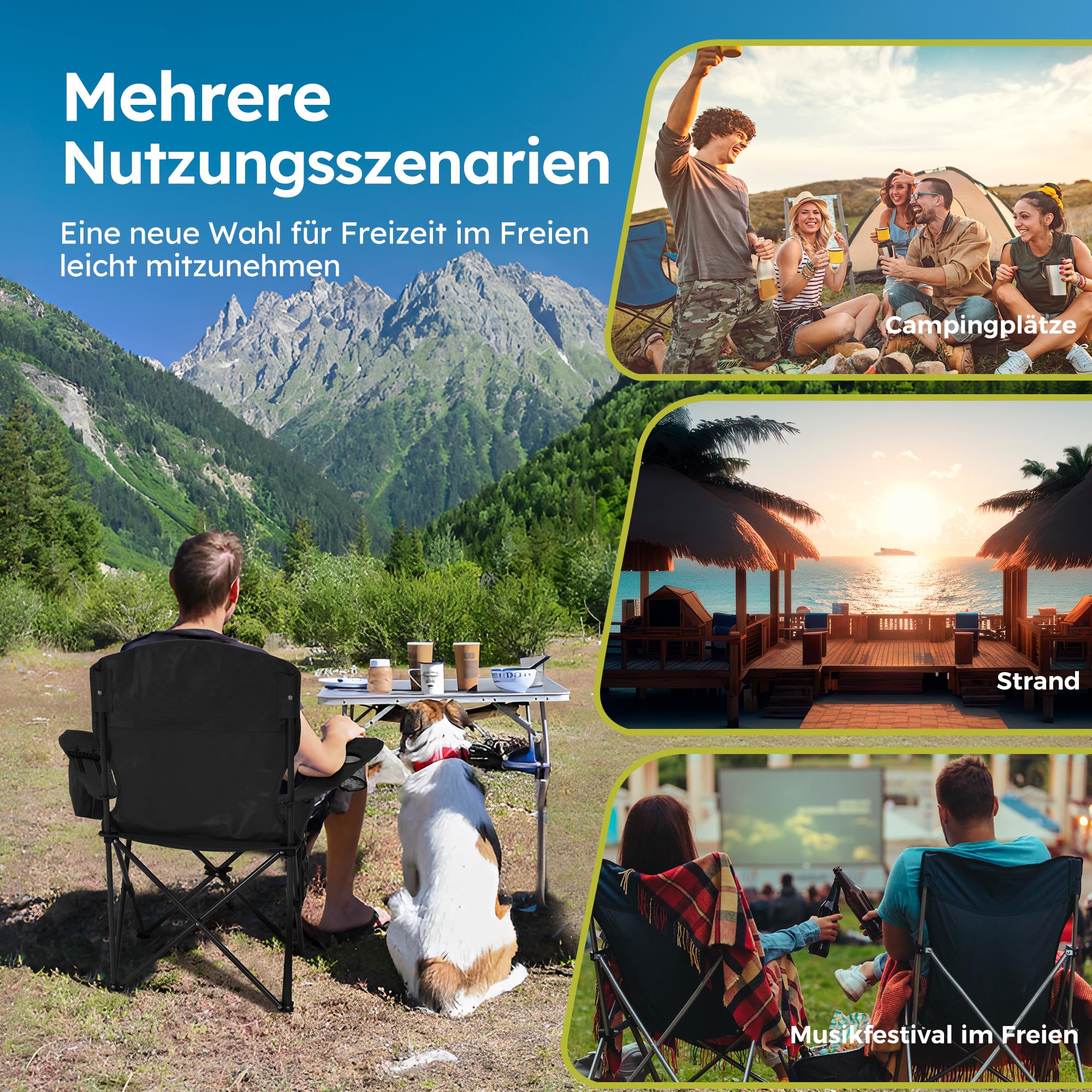 HIGH POINT SPORTS 2er Set Klappstuhl Campingstuhl Faltstuhl Komfortable Anglerstuhl mit Getränkehalter & Kühlfach, bis 120Kg Belastbar, Anglersessel klappbar Gartenstuhl Faltstuhl Relaxsessel