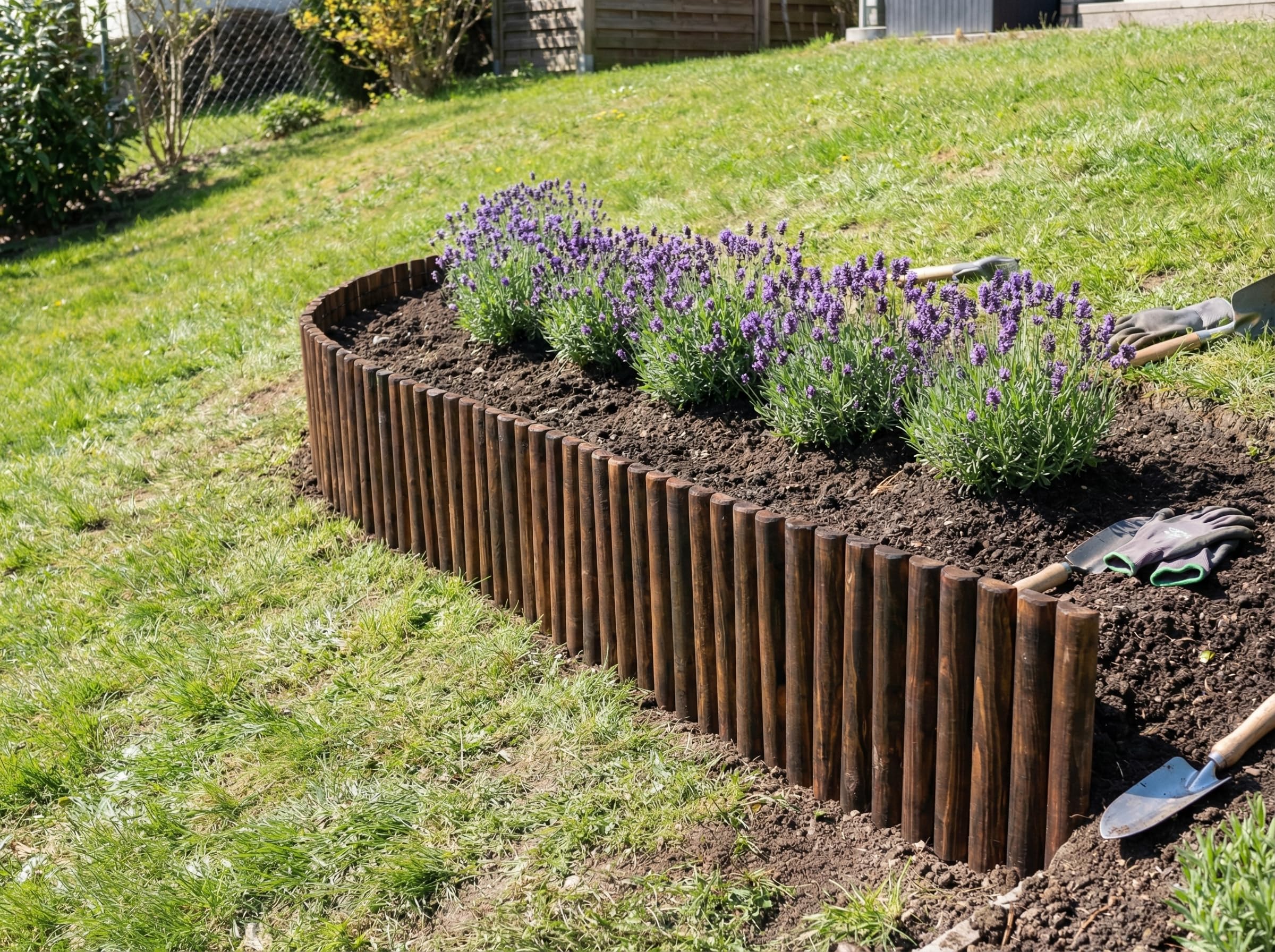 Recinzione in legno per esterni, giardino, prato, paesaggio, flessibile, finitura in legno bruciato, lunghezza 120 cm x altezza 30 cm, marrone scuro