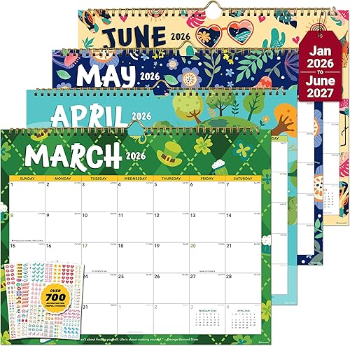 Decorably Calendario de pared de paisaje colorido de 18 meses con calcomanías de enero de 2026 a junio de 2027, hojas de 14.5 x 11.5 pulgadas con