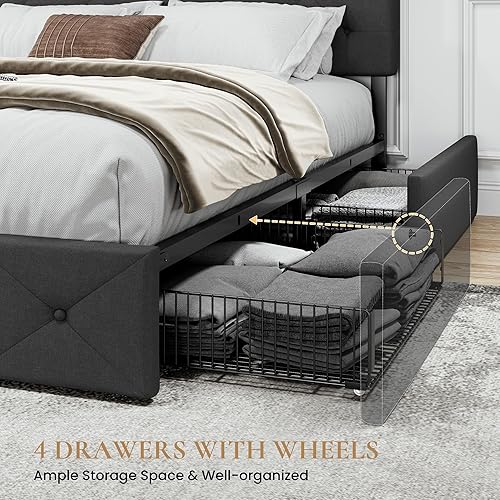 Miniatura 5 de SHA CERLIN Base de cama tapizada tamaño King con cabecera ajustable y 4 cajones de almacenamiento debajo de la cama no necesita somier diseño