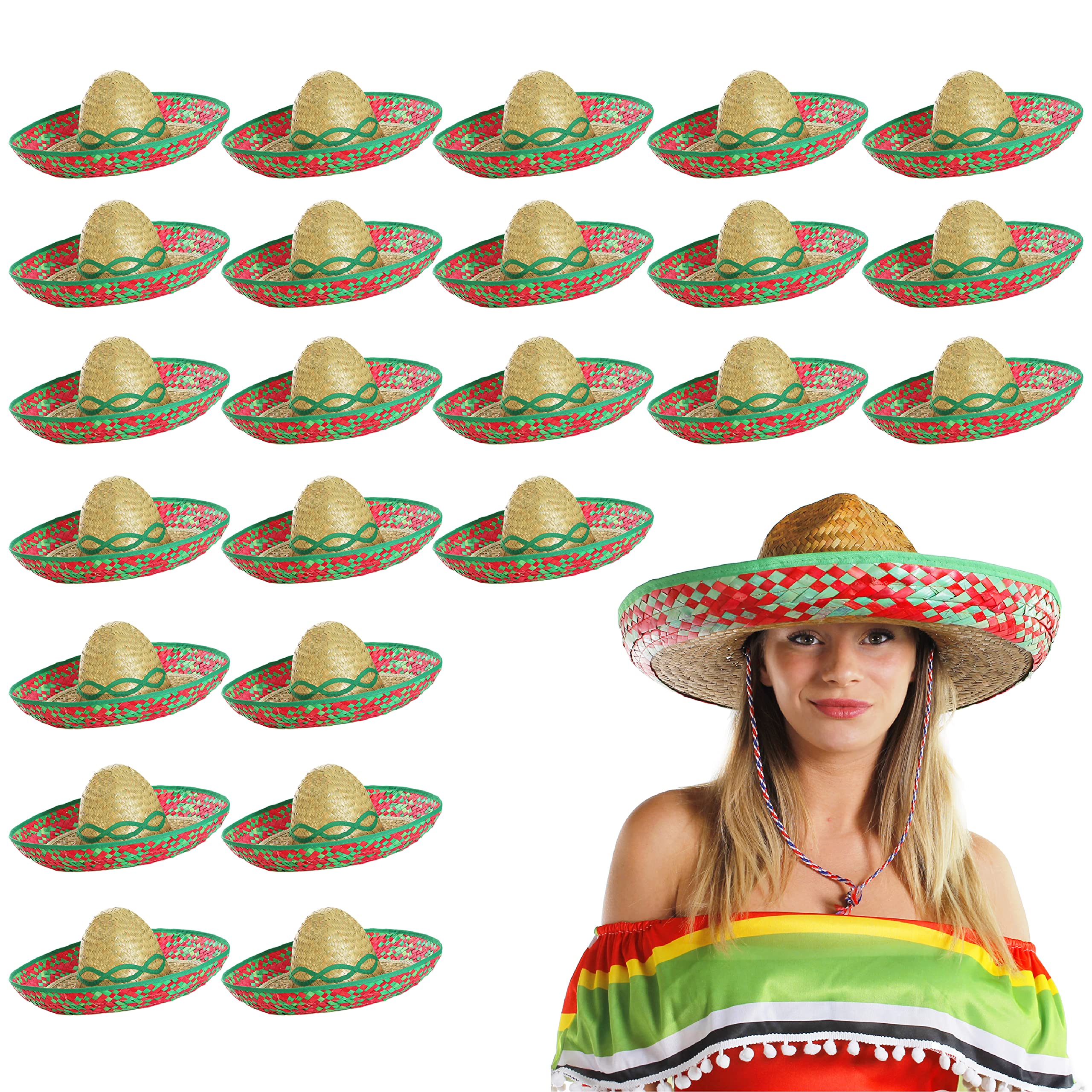 Adults Mexican Sombrero - Pack of 6 - Green Straw Embroidered Sombrero - Mexico Cinco de Mayo Fiesta Fancy Dress Costume Accessory