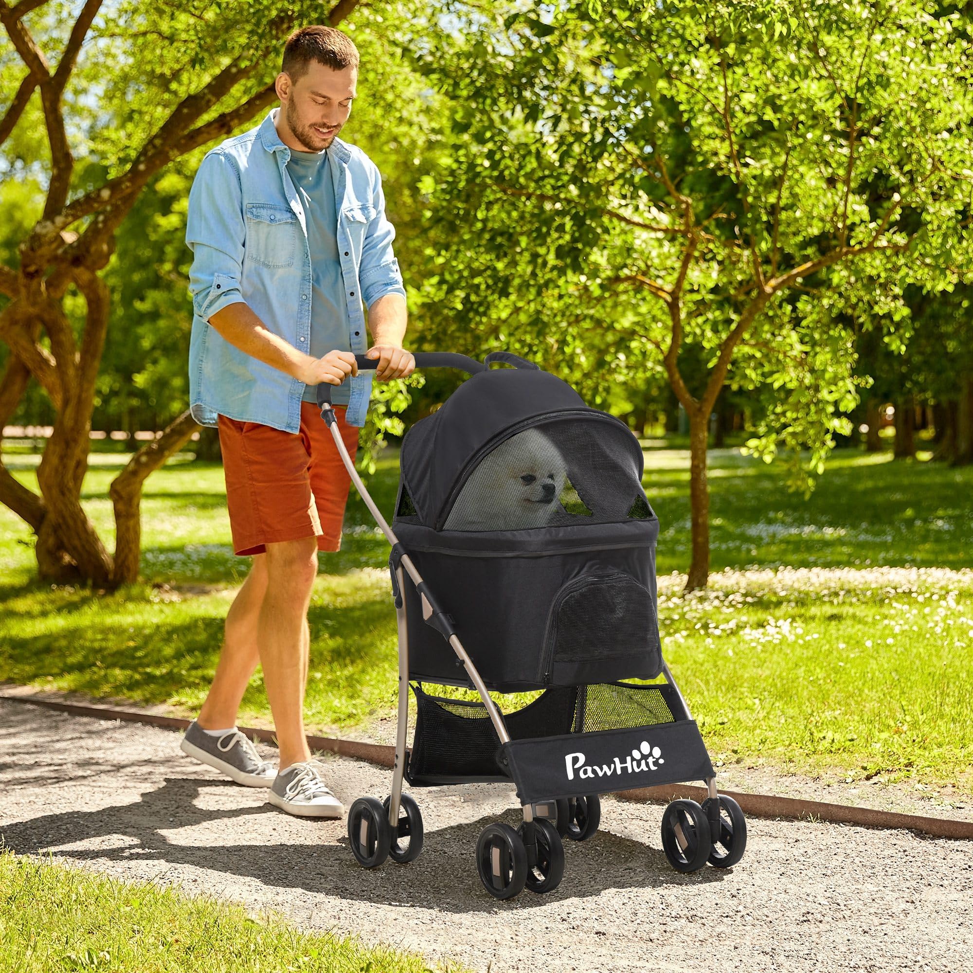 PawHut Carrito para Perros Plegable 3 en 1 Cochecito para Mascotas Carrito para Perros Pequeños con Vagón Desmontable Cesta de Almacenaje Correas de Seguridad y Cojín Carga 15 kg Negro