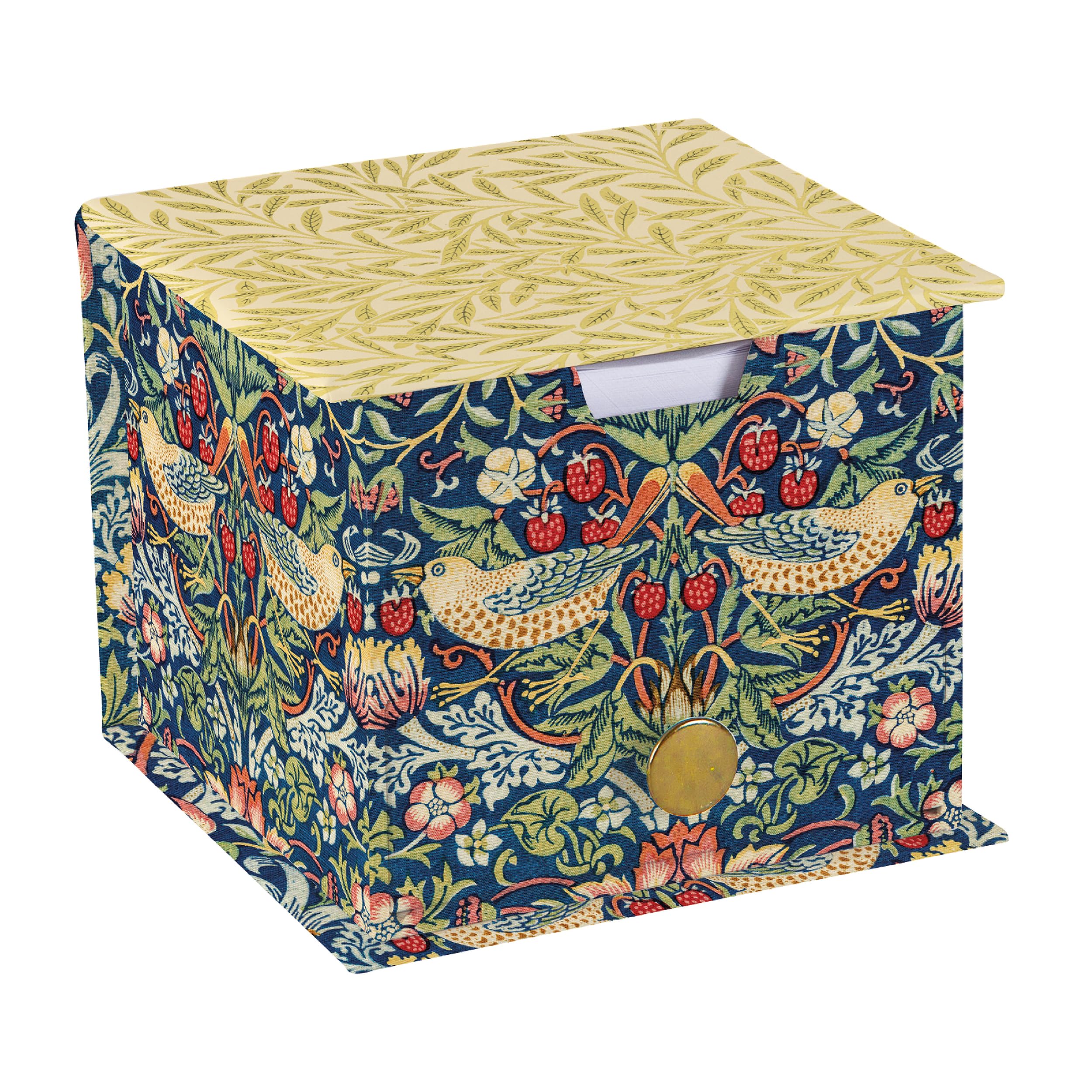 William Morris Strawberry Thief Memo Cube with Drawer – 400 Sheets Plain Paper Desk Notepad Block – Decorative William Morris Desk Organiser for Home or Office 10 × 10 cm