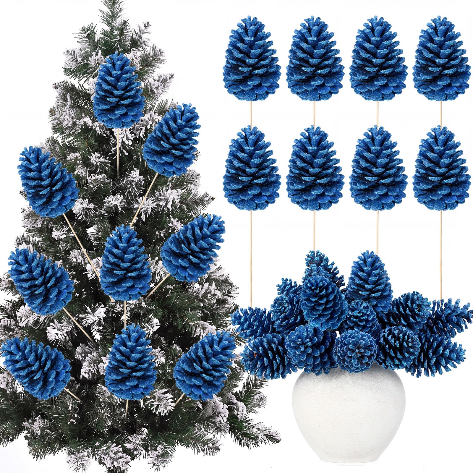 Thiccywoov Lot de 20 grandes pommes de pin artificielles à paillettes bleues de 20 cm, décoration pour sapin de Noël, couronne, guirlande, centres de table, cheminée, vacances d'hiver