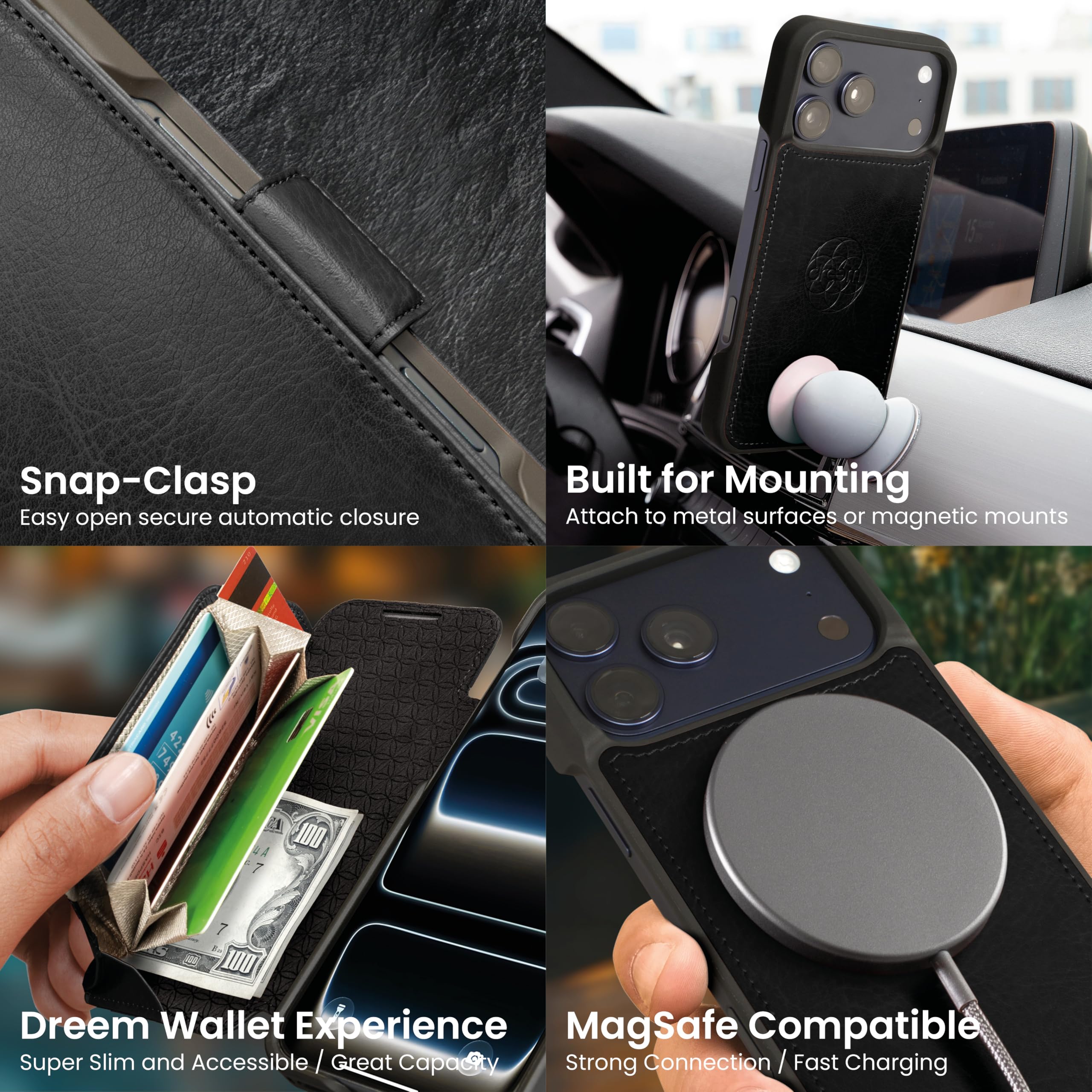 dreem Funda Cartera para iPhone 17 Pro MAX, Soporte revolucionario, Piel Vegana, Compatible con MagSafe, Tapa magnética removible, Bloqueo RFID, Caja de Regalo [Fibonacci:Black]