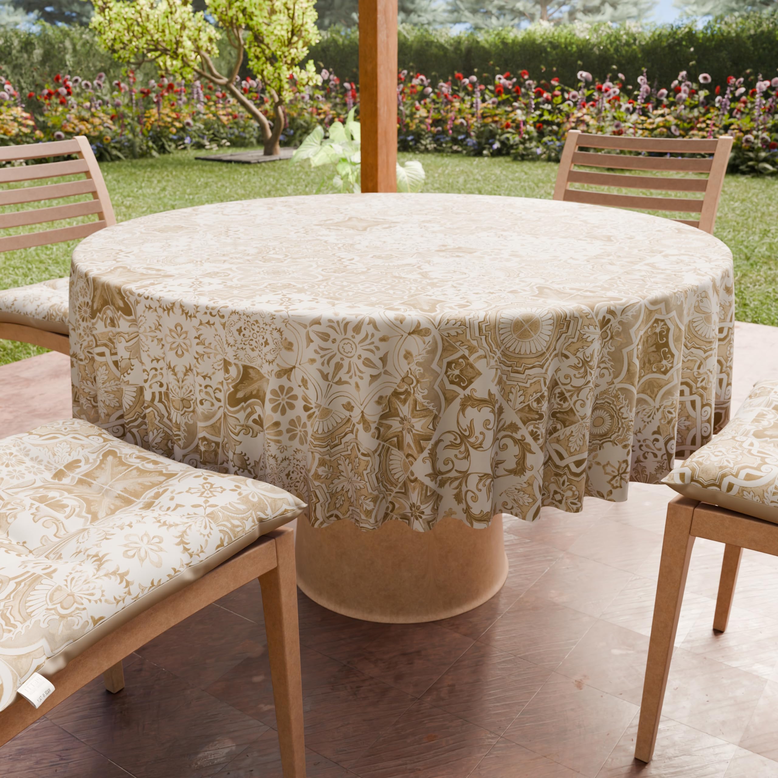 PETTI Artigiani Italiani - Anti-Stain Round Microfibre Tablecloth (Diameter 180 cm), Kitchen Table Cover for Round Table, Vietri 02 Design Taupe, 100% Made in Italy