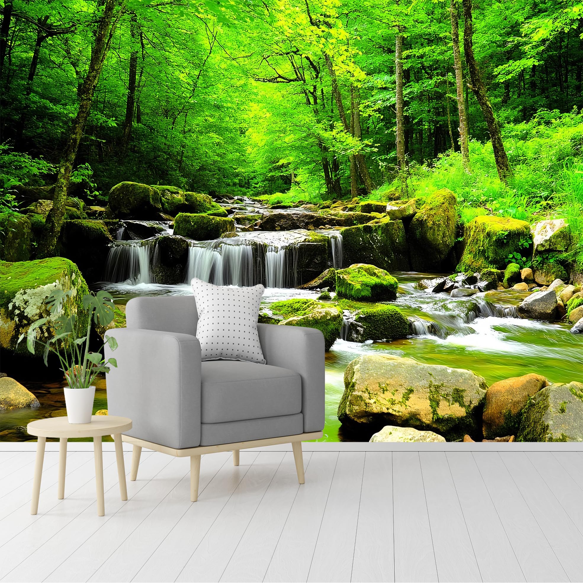 Custom Size Wall Murals,Forest Stream with Mossy Rocks Self-Adhesive Removable Wall Covering Fabric, Large Photo Wallpaper for Living Room Bedroom Kitchen Office Kids.