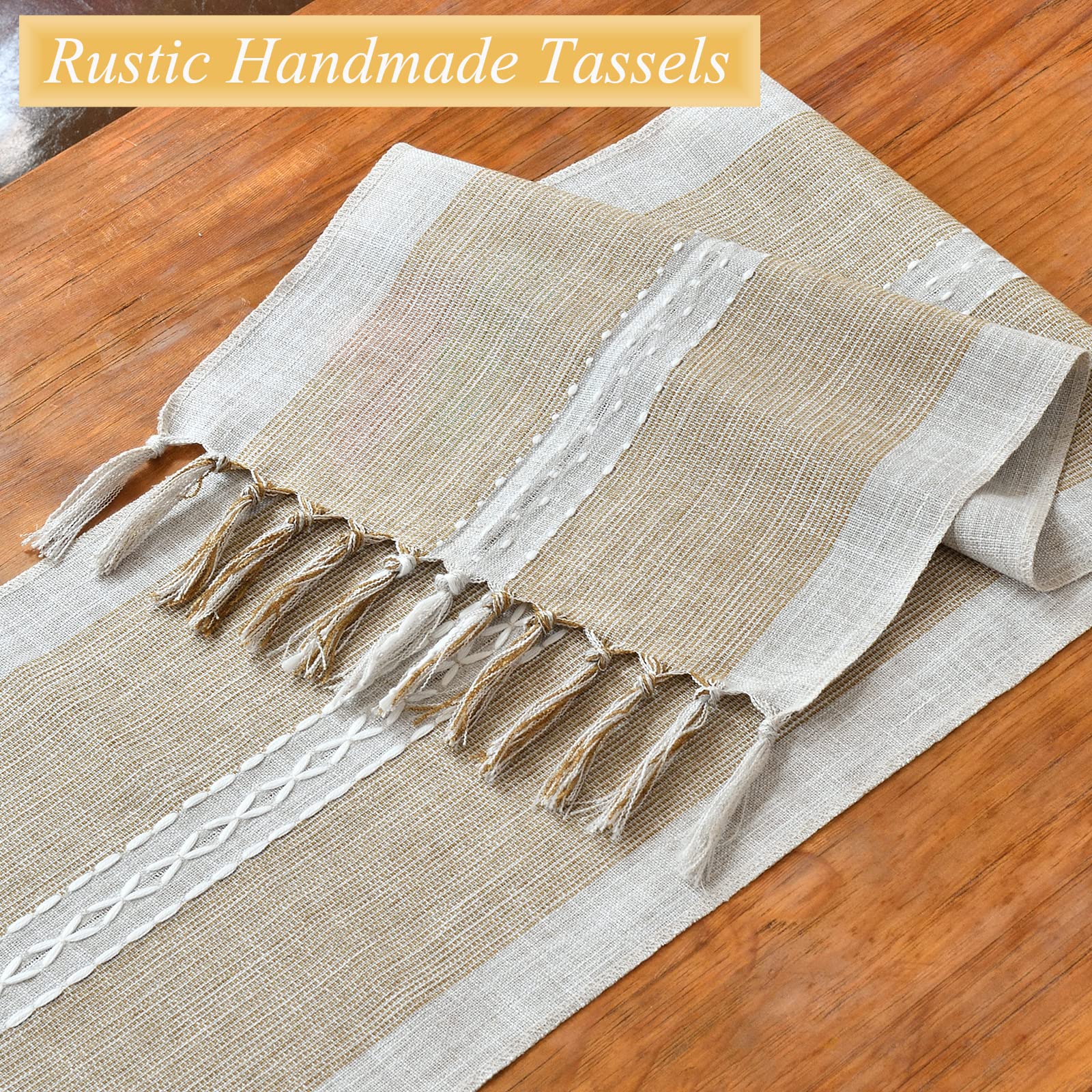 Wracra Embroidery Cotton Linen Table Runner Indoor Outdoor Farmhouse Style Coffee Table Runner 90cm with Hand-tassels for Party Dining Kitchen Decorations(Coffee - Image 3