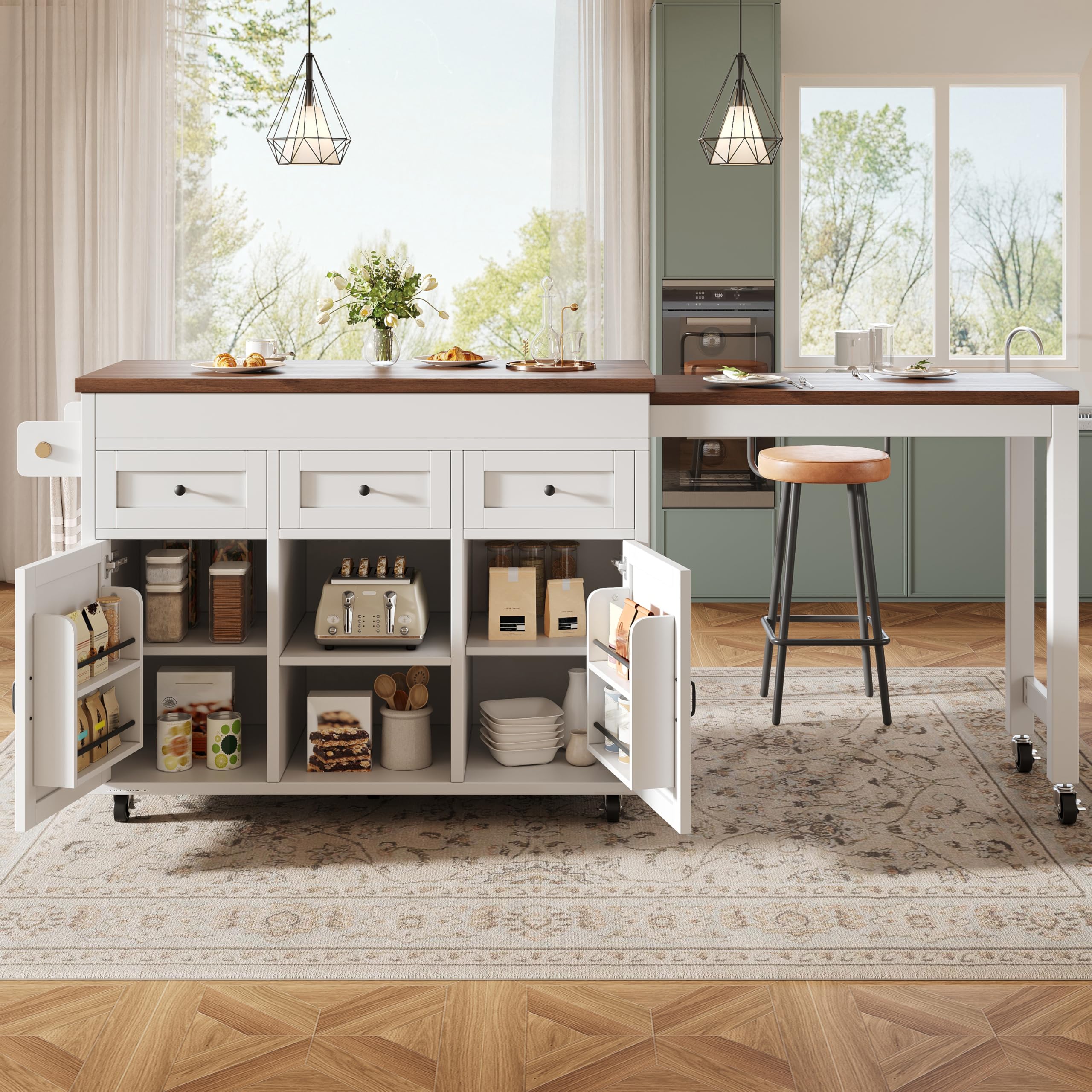Muskel Kücheninsel mit Stauraum, ausziehbarer Esstisch Bartisch (131,5-210 cm), 360° drehbare, mit Schubladen und Schränken, vielseitige Arbeitsplatte für Küche, Esszimmer und kleine Räume, Weiß