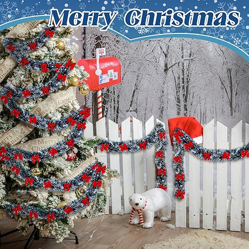 Miniatura 4 de Riceshoot Guirnalda de oropel de Navidad de 131.23 pies con lazo rojo metálico brillante colgante guirnalda para fiesta de Navidad, árbol, escalera,