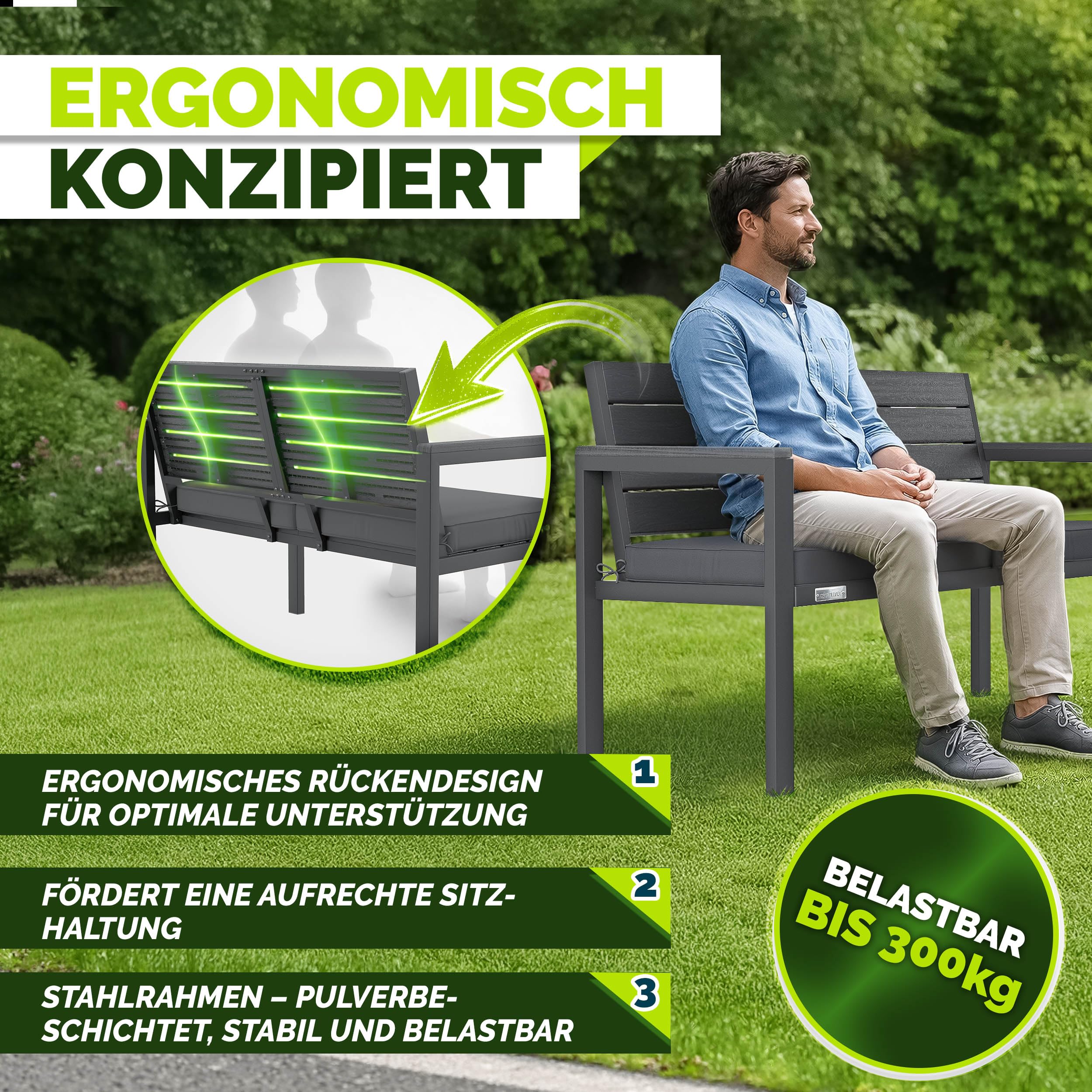 tillvex® Gartenbank Wetterfest 2-3 Sitzer mit Abdeckung & Kissen | Parkbank in Holzoptik bis 300kg belastbar UV-beständig | Sitzbank Garten Terrasse Balkon mit waschbarem Bezug