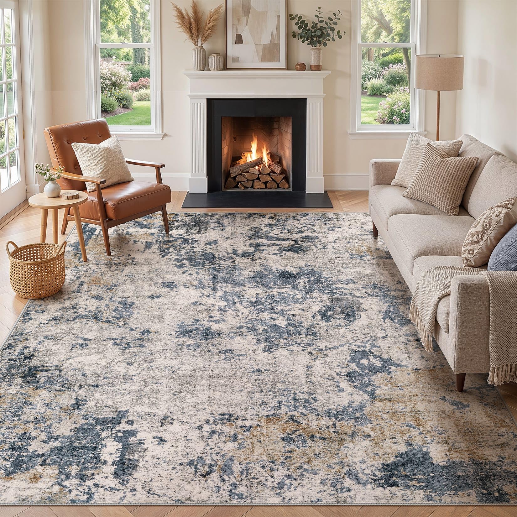 cotiled Rugs Living Room 200x300cm Blue Brown Abstract Washable Area Rug
