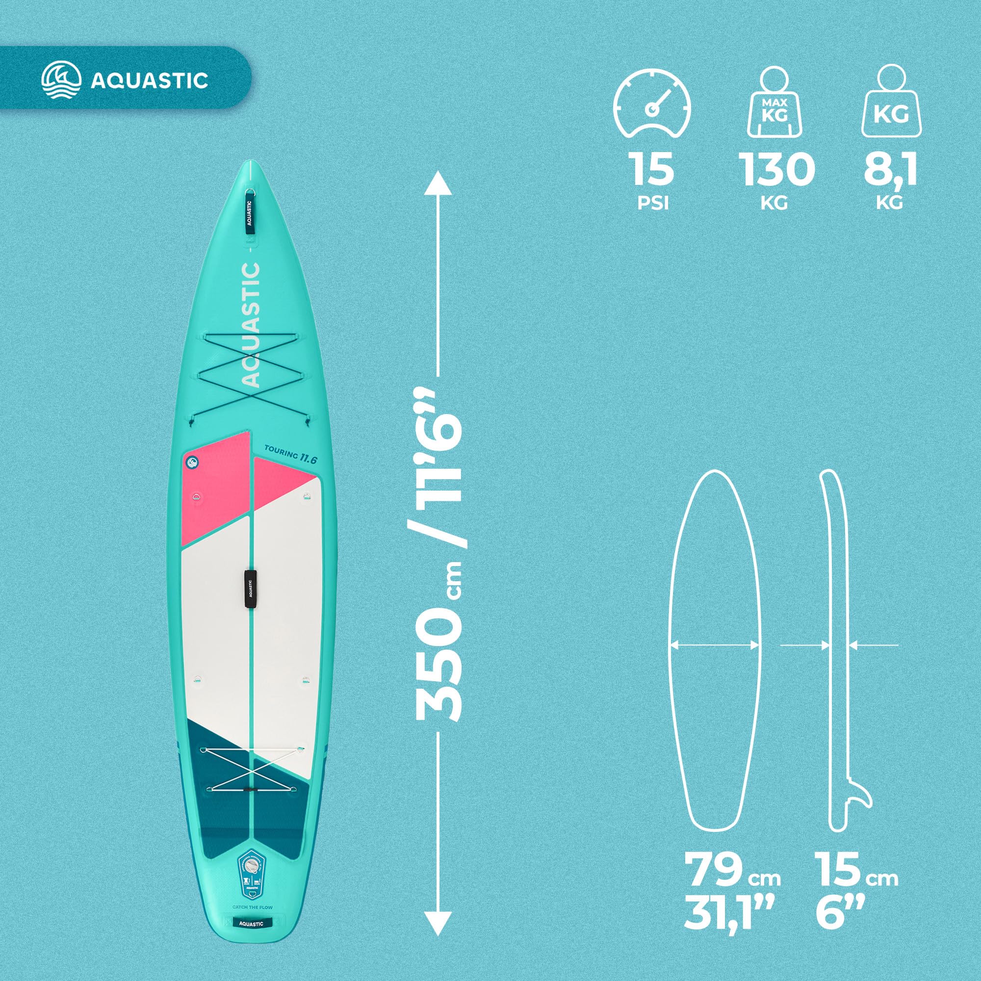 AQUASTIC Touring nadmuchiwana deska SUP 350 x 79 x 15 cm, maksymalne obciążenie 130 kg, pierścienie D do siedzenia kajakiem | 350 x 79 x 15 cm, 330 l, do 130 kg, z siedziskiem kajakowym, wiosłem 2 w 1, pompką i plecakiem