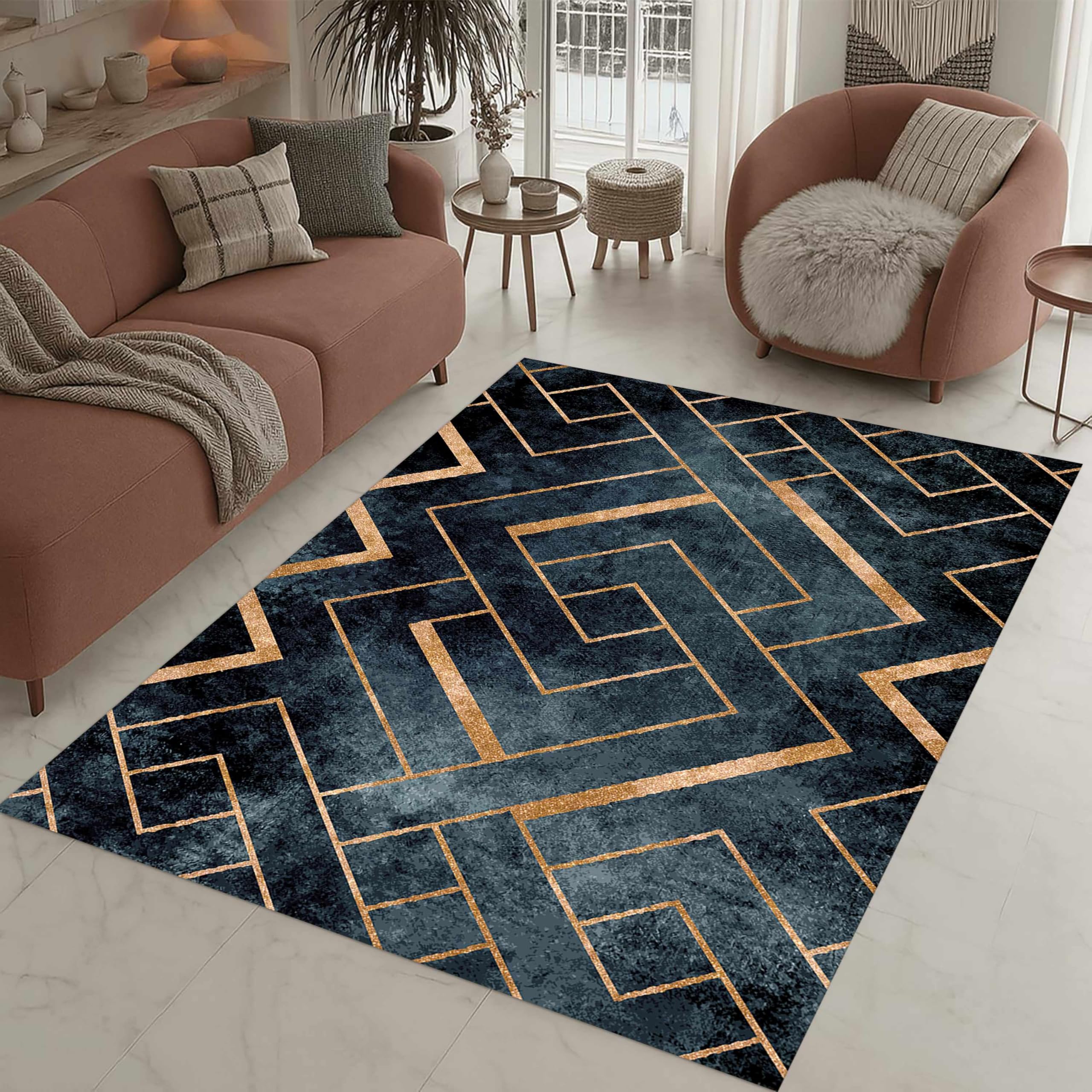 LHOMKCV Blue Geometric Area Rug, 60x110cm, Retro Abstract Aztec Ribal Ethnic Hall Flat Carpet, Premium Durable Non Slip Washable Rustic Rugs for Kitchen Living Room