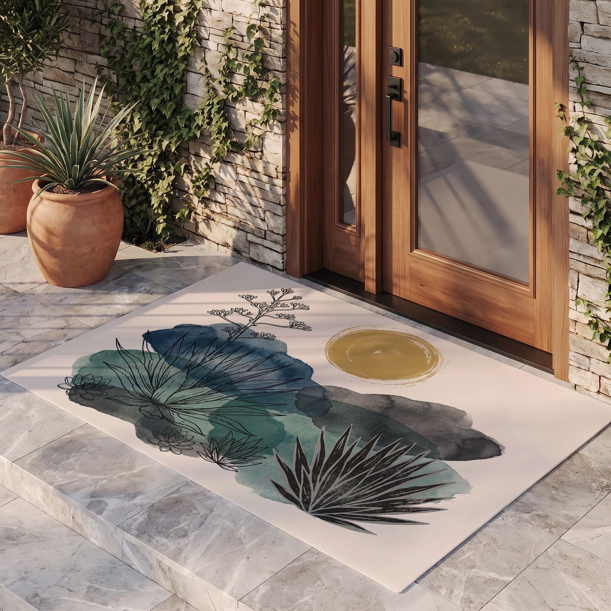 Kaktusillustrationen Fußmatte 80 X 120 cm, Böhmische Pflanzen Anti Rutsch Matte Waschbar Fussmatte | Kaktusillustrationenteppich Für Flur Küche Haustiere - Seegrün