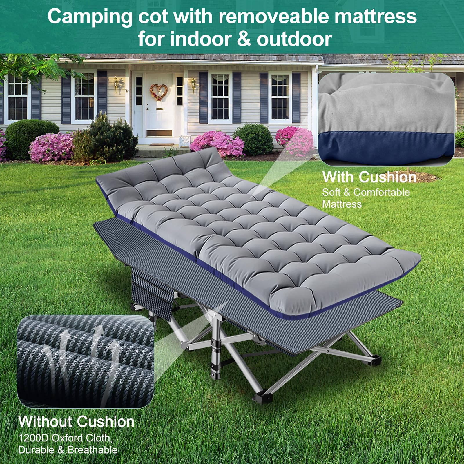 Oversized Klappbares Campingbett mit Matratze, 900LBS Belastbarkeit Klappbett Gästebett, Stahlrahmen und Oxford Tuch Feldbett Klappbar, 78 x 32 x 18 in, Geeignet für Garten Büro Camping