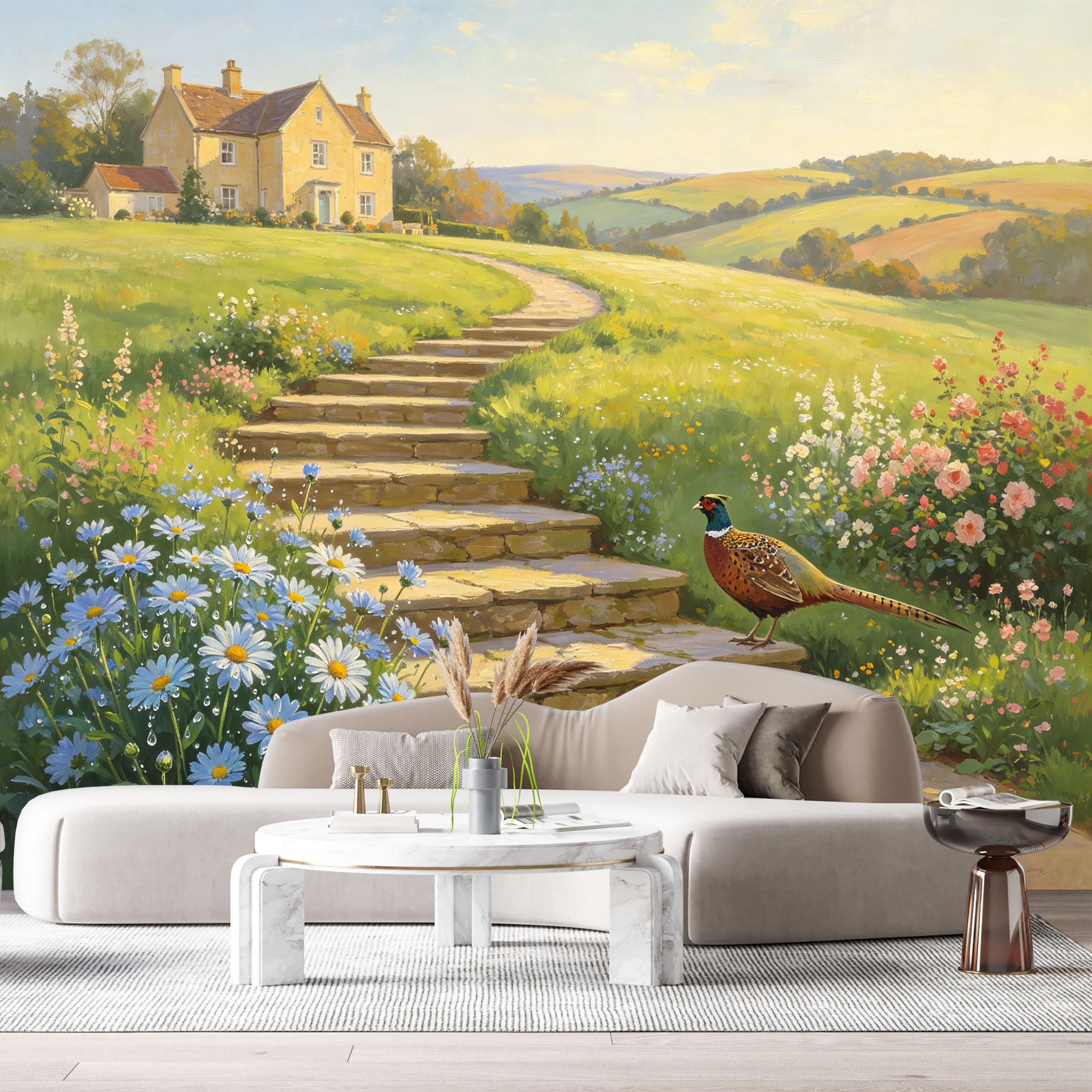 Custom Size Wall Murals Farmhouse American Country Oil Painting Stone Steps Pheasant Rabbit Meadow SelfAdhesive Wall Fabric Removable Large Wallpaper for Photo Living Room