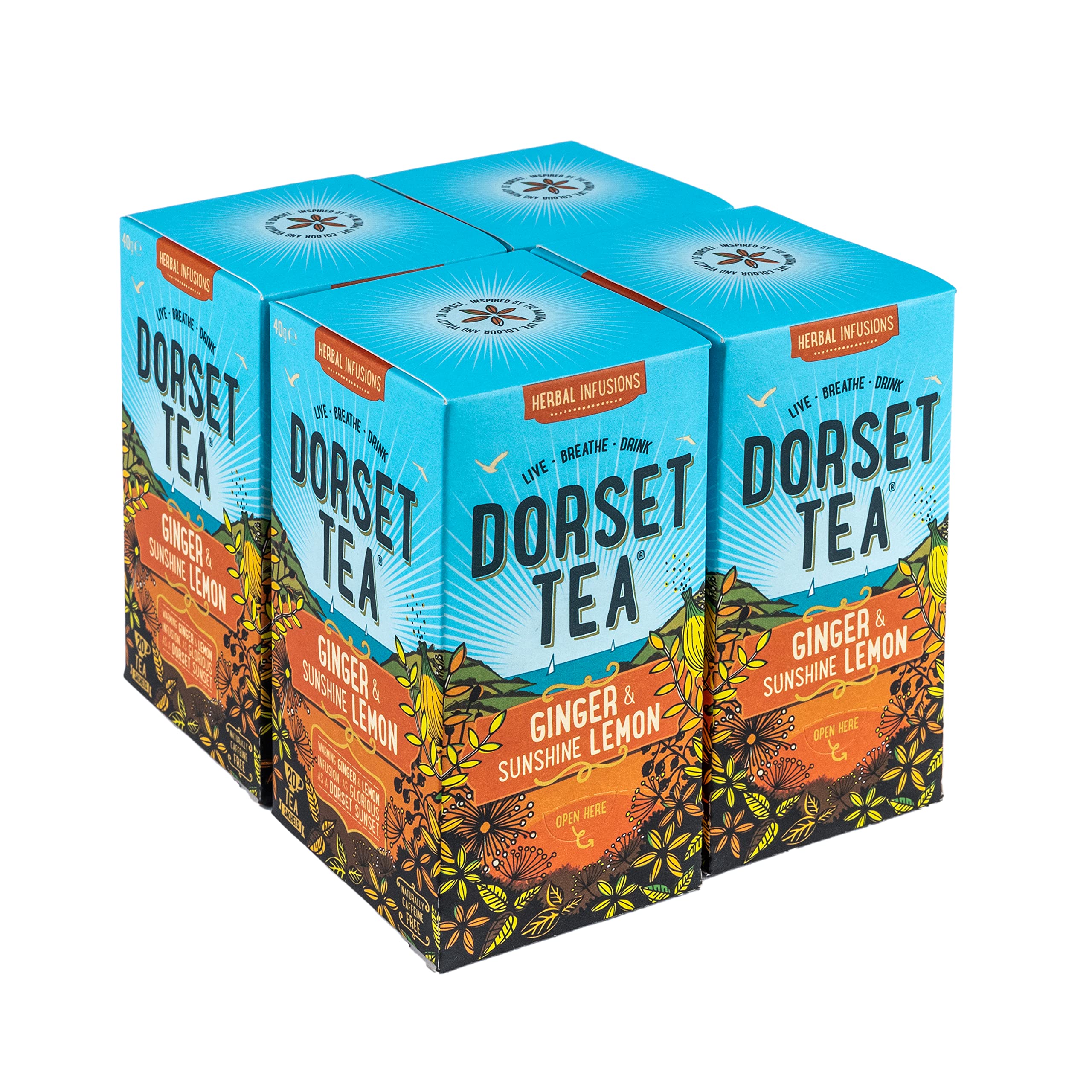 Dorset Tea Ginger & Sunshine Lemon Herbal Infusion 4 Boxes x 20 Tea Bags (80 Tea Bags Total) Naturally Caffeine Free Lemon and Ginger Tea Bags