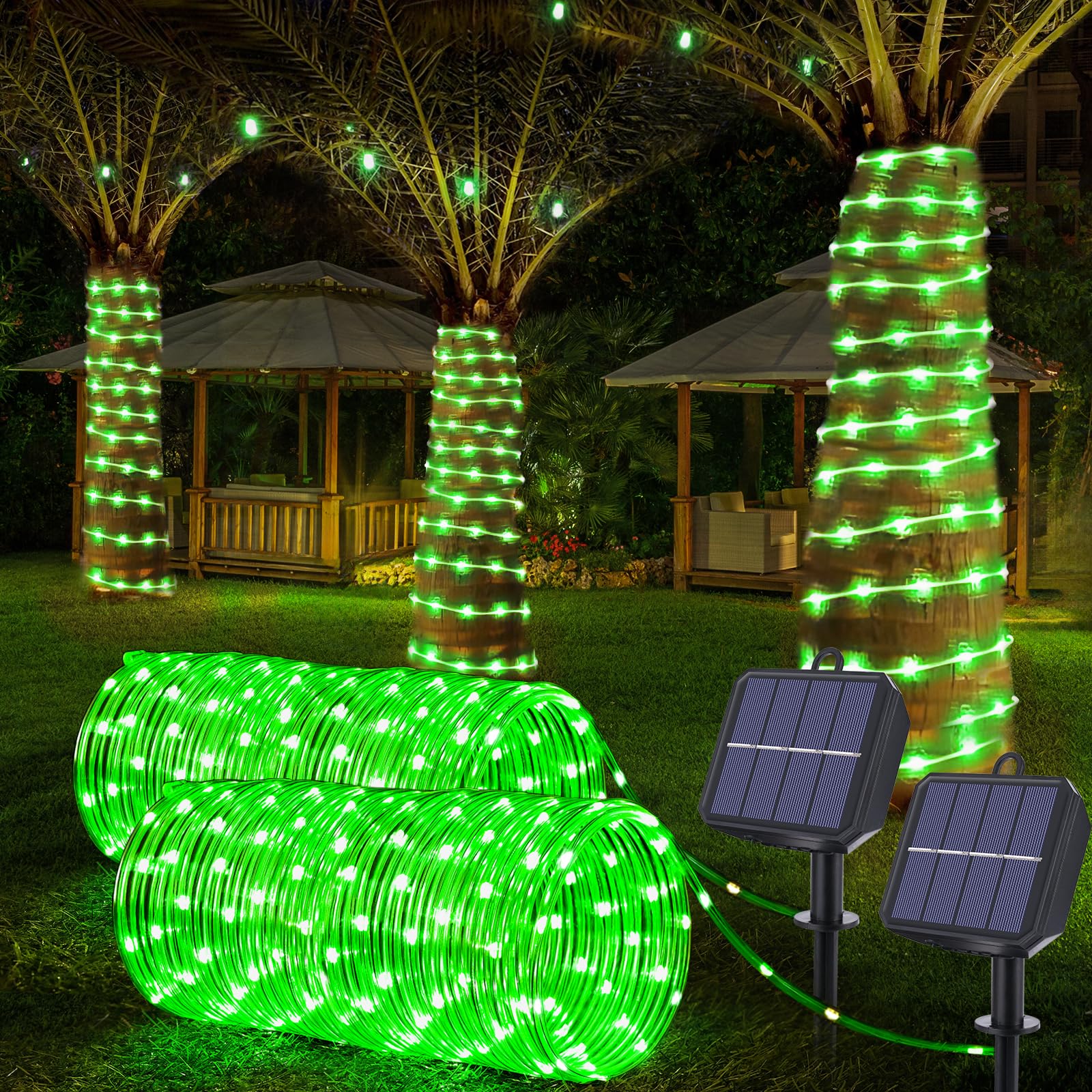 Solar Rope Lights, 2 Packs Total 66ft 200LEDSolar String Lights, 8 Modes Waterproof Solar Powered Outdoor Light, Flexible Clear Tube Light for Garden Backyard Patio Deck Porch Tree Xmas Decor - Green