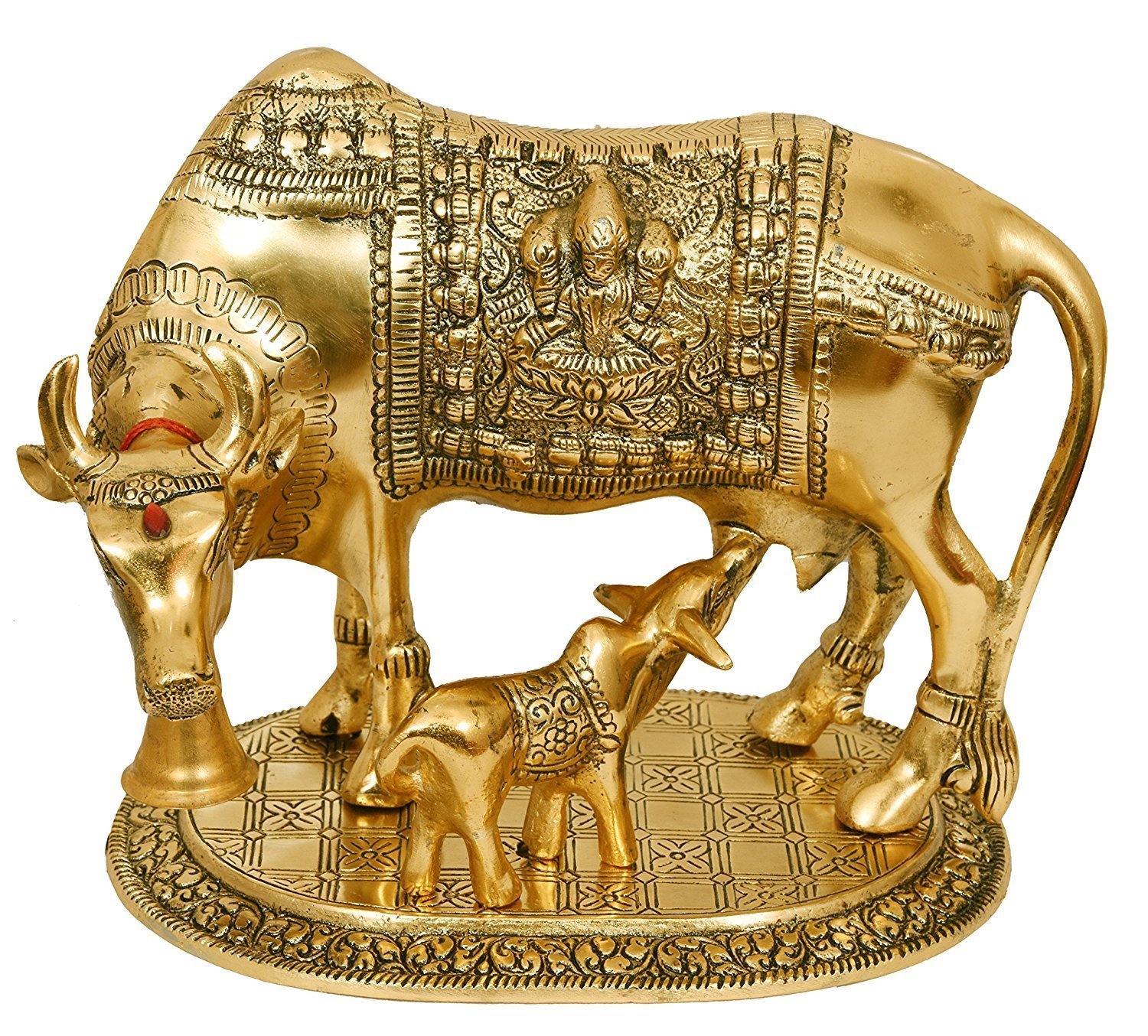 JC Crafts & Fabrics Oxidized White Metal Gold Plated Cow and Calf Idol Showpiece, Kamdhenu Cow for Pooja Room, Home Decor Gift Item