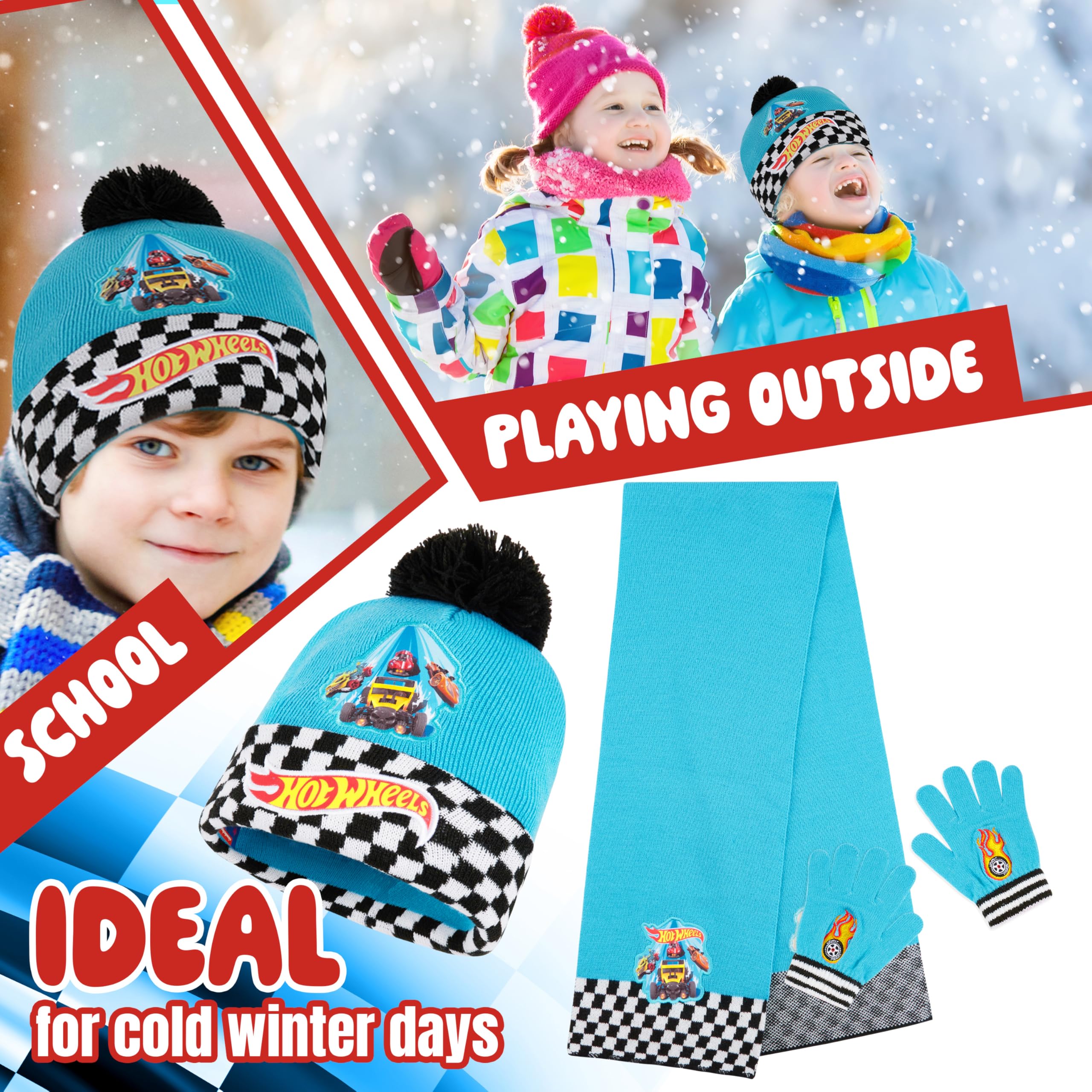 Hot Wheels Set de Invierno 3 Piezas Gorro Pompón Bufanda Guantes para Niños