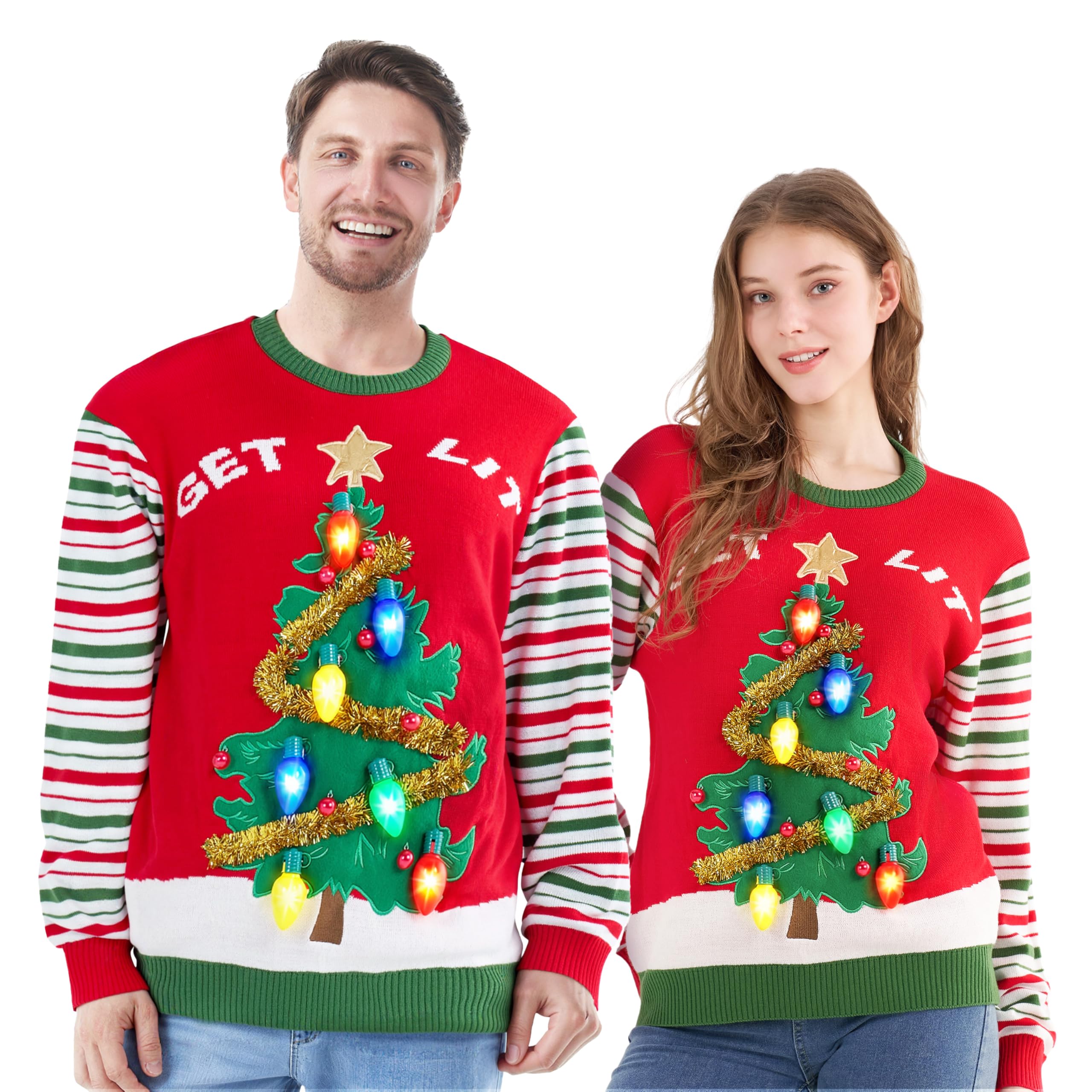 JOYIN Christmas Womens Red Ugly Jumper and Light Bulb Novelty LED Light Up Long Sleeve Xmas 3D Christmas Tree Pattern Striped Pullover Jumper (S)