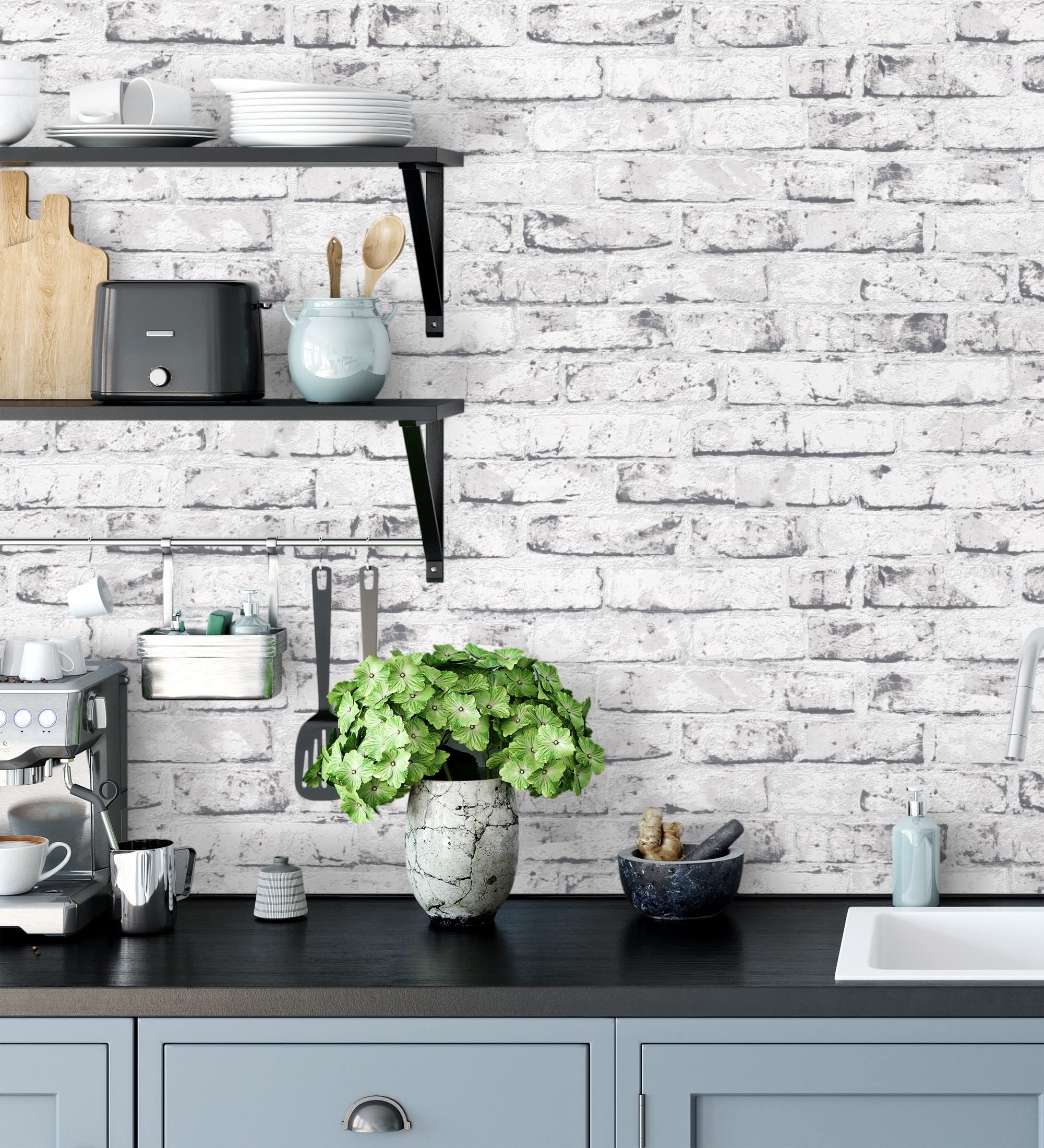 GAULAN 453171 - Papel pintado vinílico lavable efecto ladrillo vintage blanco y gris relieve 3D para pared salón cocina baño comedor - Rollo de 10 m x 0,53 m