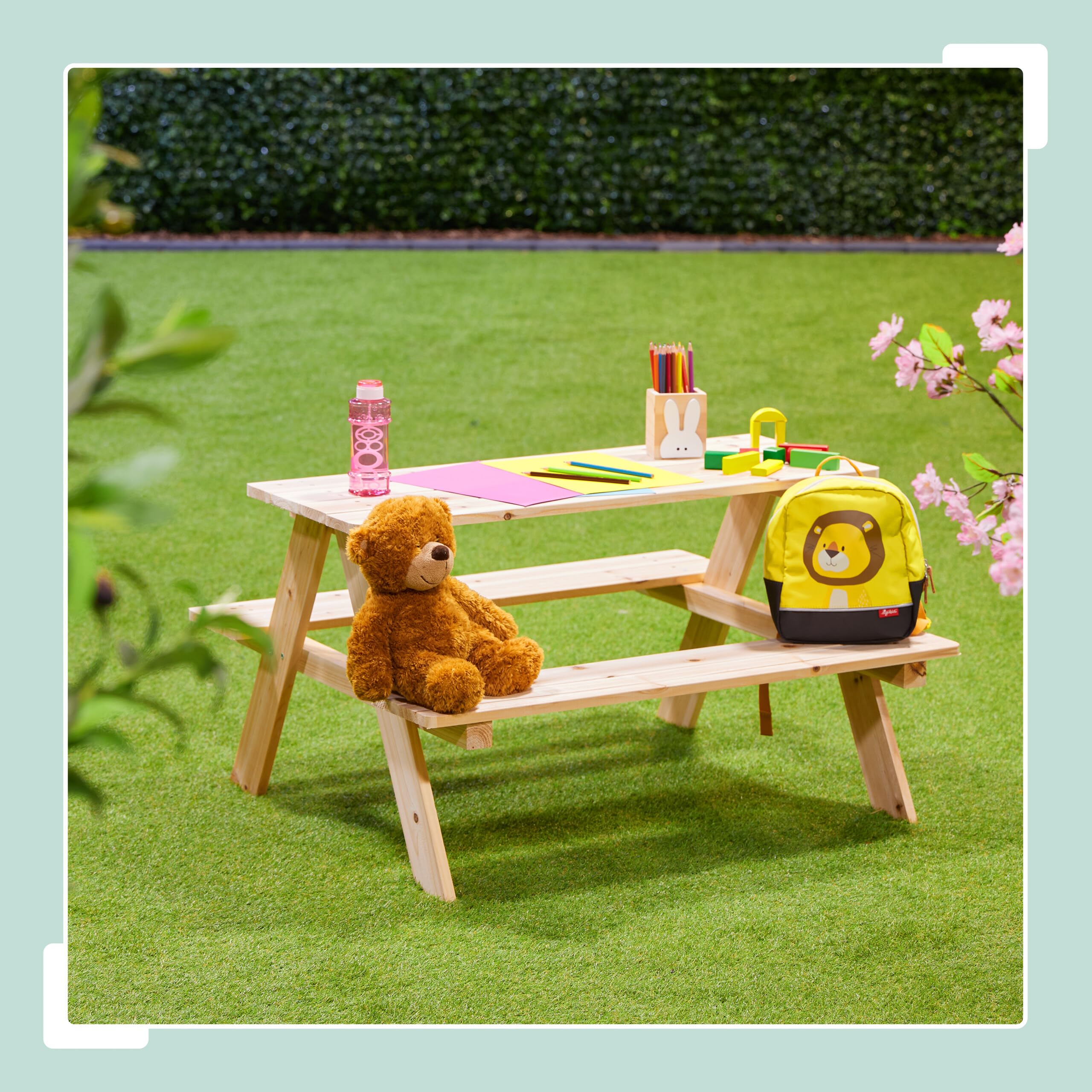 Relaxdays Mesa Pícnic Infantil, Banco Jardín Niños, 51 x 90 x 78 cm, para Jugar, para 4 Infantes, Madera, Natural