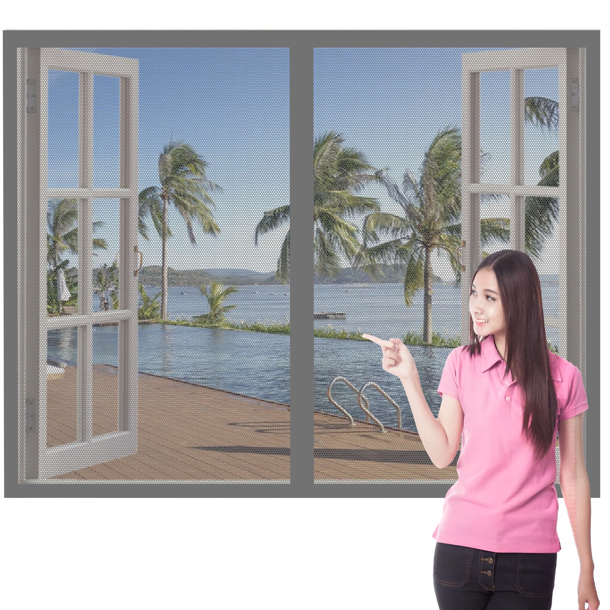 Window Fly Screen 145 x 165 cm with Selfadhesive Mosquito Net Window Easy Install for Windows Doors and Patio Screens, Grey