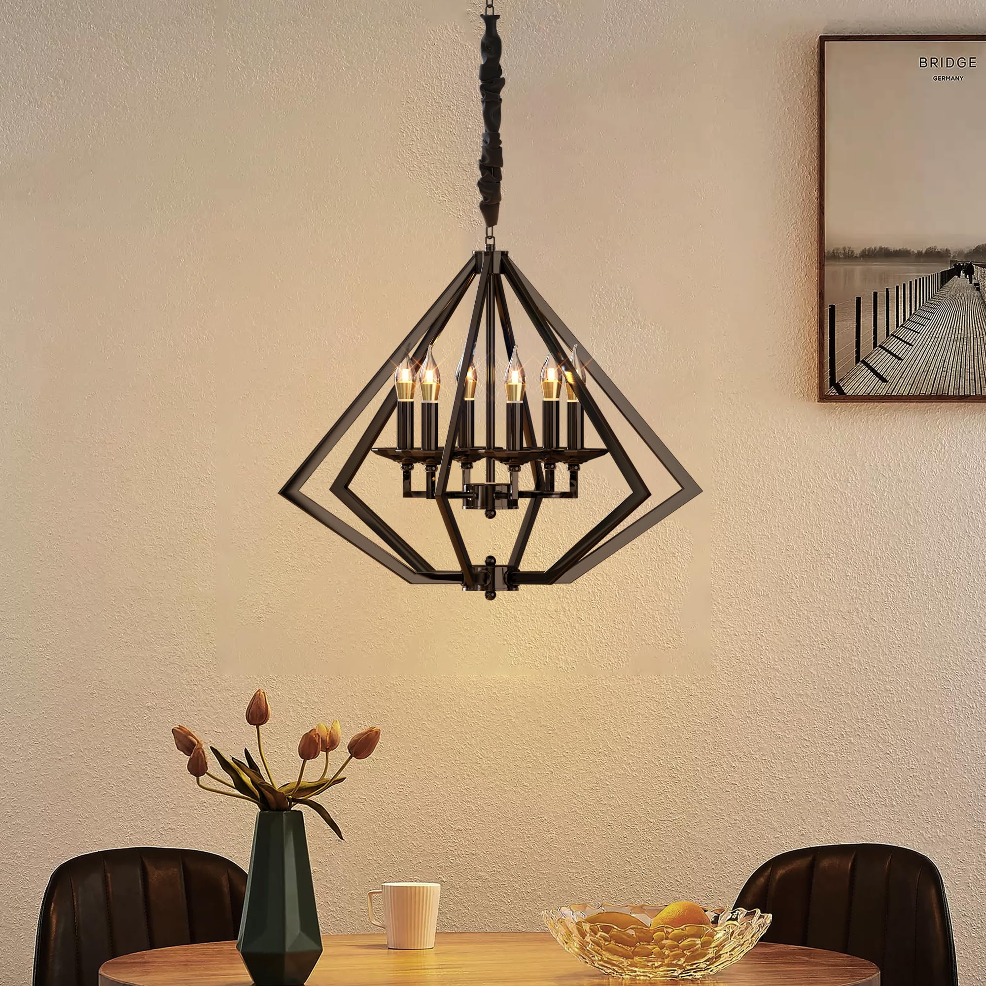 DC VOLTAGE Chandelier 6 Lights Farmhouse Diamond Chandelier Fixture with Metal Cage Hanging Lights E14 Base