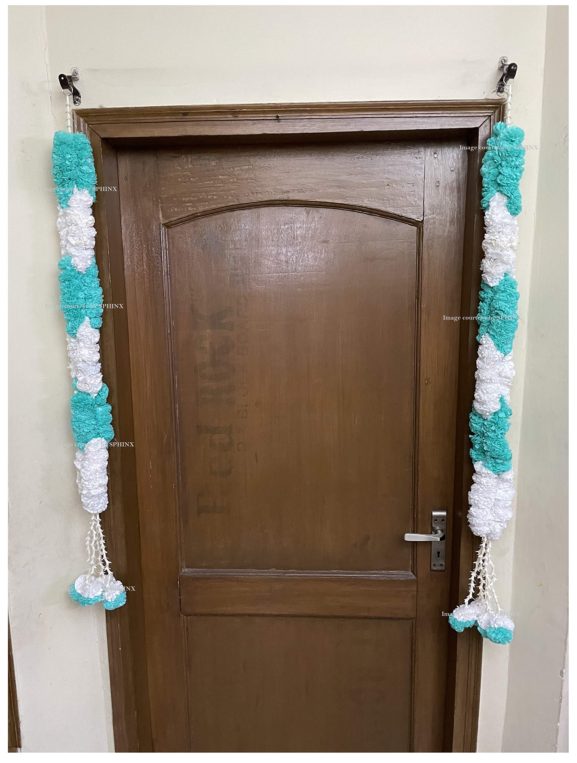 Sphinx artificial marigold fluffy flowers rope/chain motif garlands - pack of 2 (White and Sky Blue)