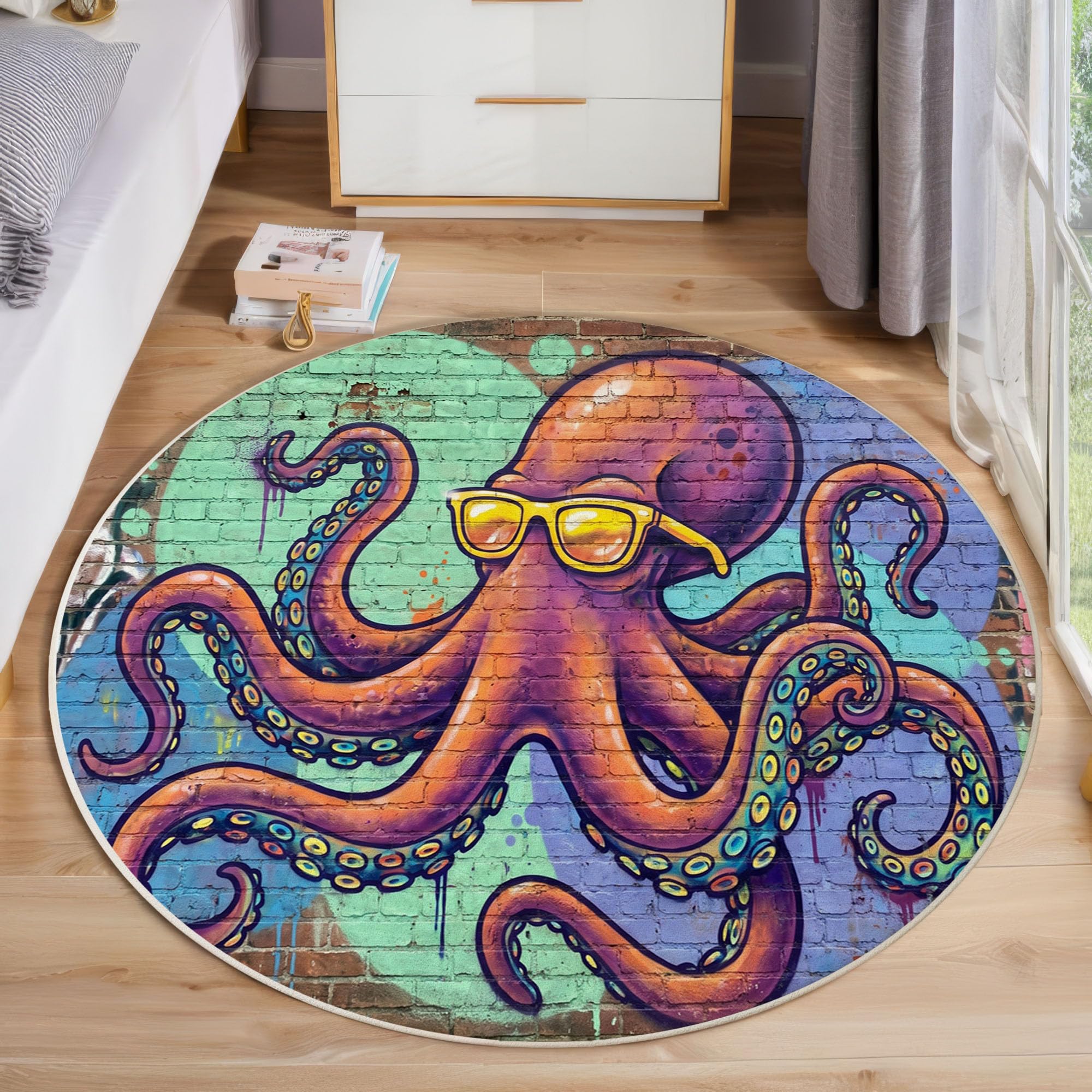 Tapis Rond Mur De Briques Pieuvre 120cm | Art De Graffiti sur Mur De Briques Rond Tapis Doux Résistant, Lavable Antidérapant pour Chambre à Coucher Salle à Manger