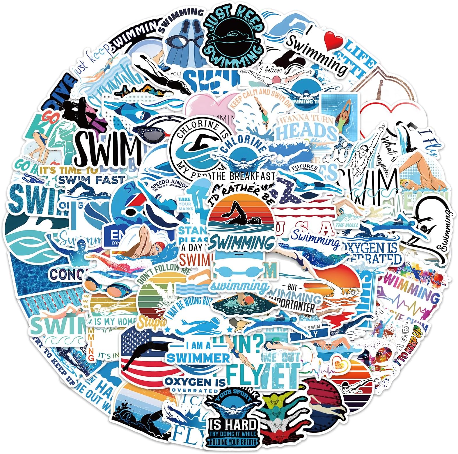 100 PCS Swimming Stickers, Swimmer Stickers Vinyl Waterproof Stickers for Water Bottle Laptop Luggage Helmet Skateboard Snowboard Guitar Scrapbook Phone Gifts for Teens Girls Kids Adult