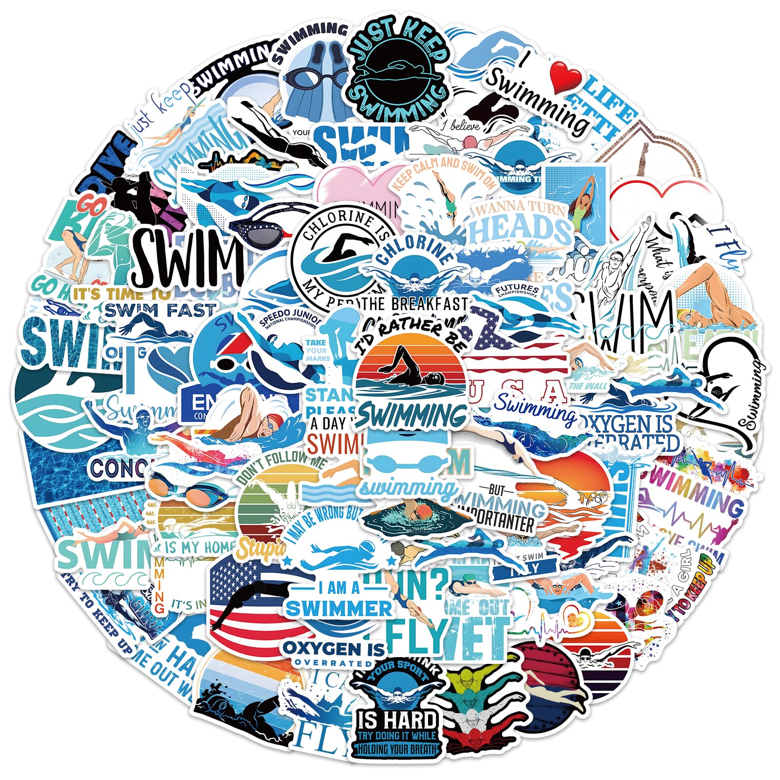 100 PCS Swimming Stickers, Swimmer Stickers Vinyl Waterproof Stickers for Water Bottle Laptop Luggage Helmet Skateboard Snowboard Guitar Scrapbook Phone Gifts for Teens Girls Kids Adult